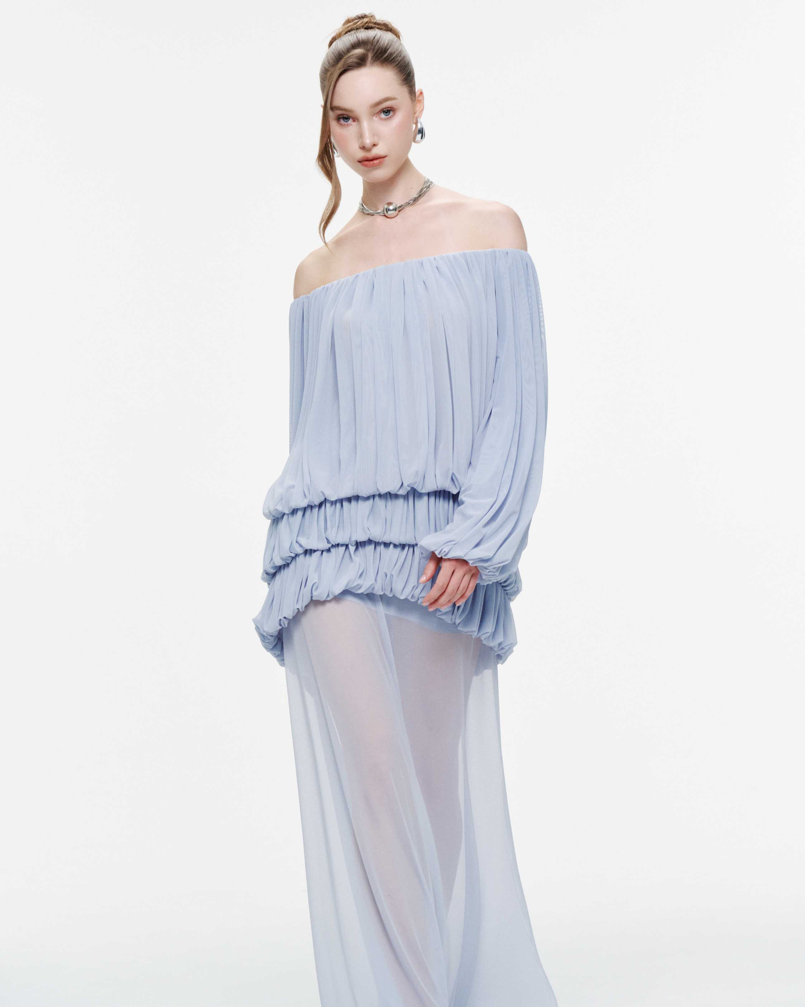 Off-Shoulder Ruched Stretch Mesh Set (Top & Skirt)