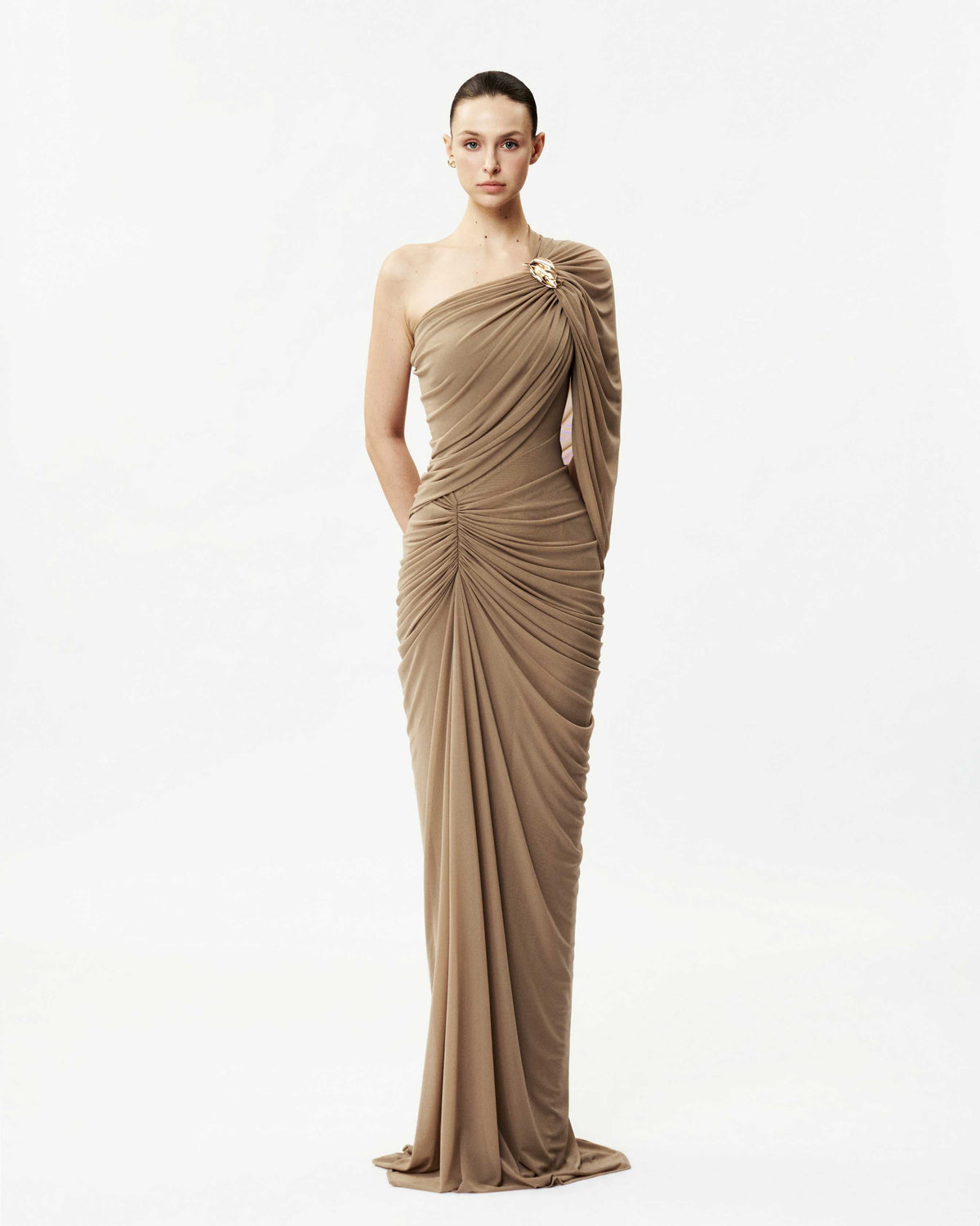 Long One-Shoulder Mesh Dress with Floral Button