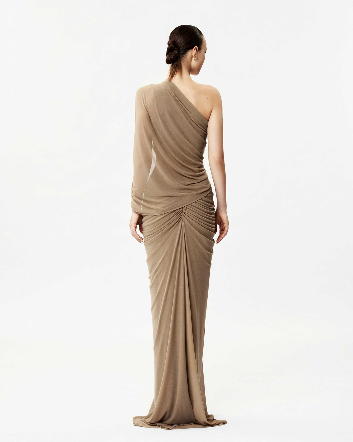 Long One-Shoulder Mesh Dress with Floral Button