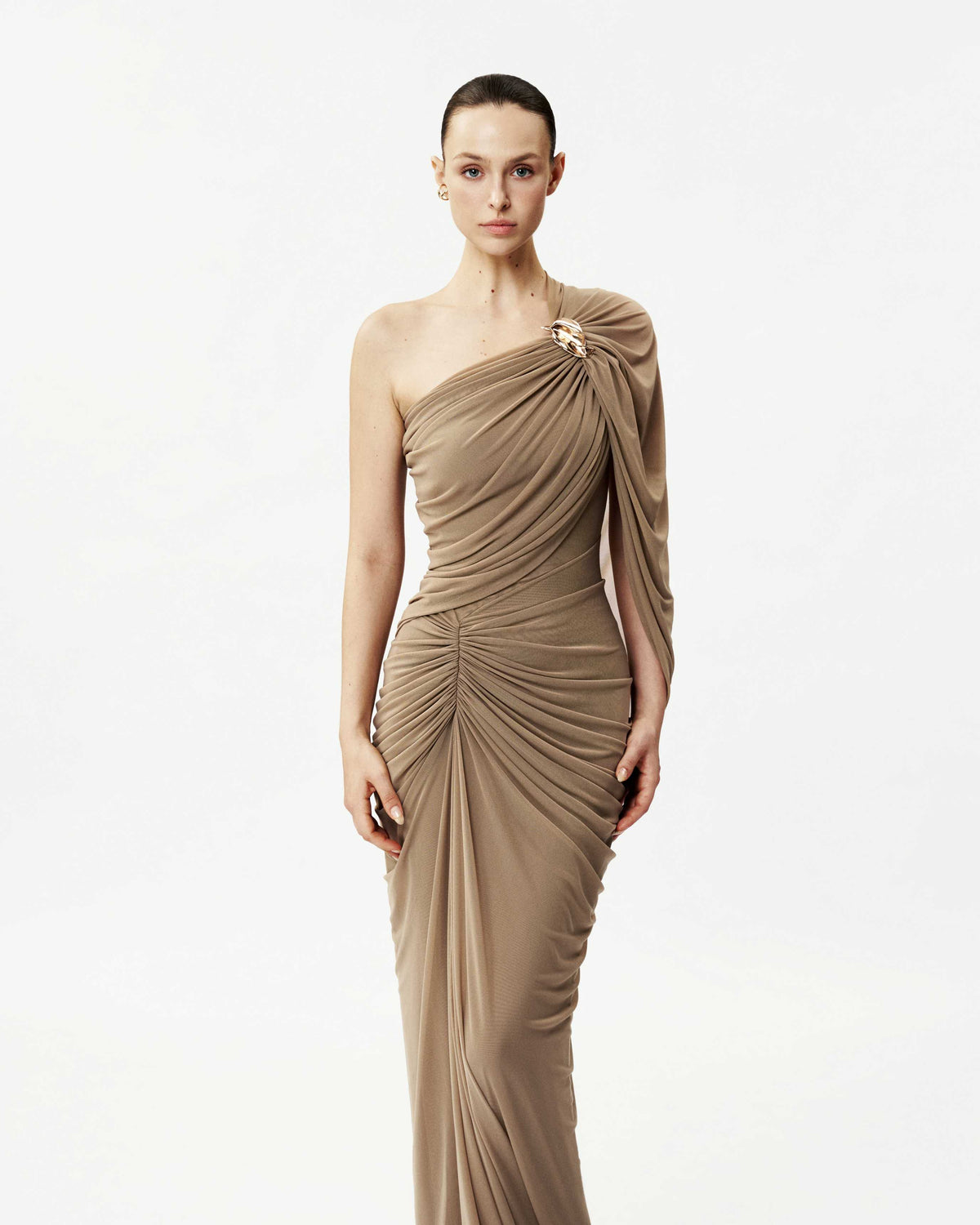 Long One-Shoulder Mesh Dress with Floral Button
