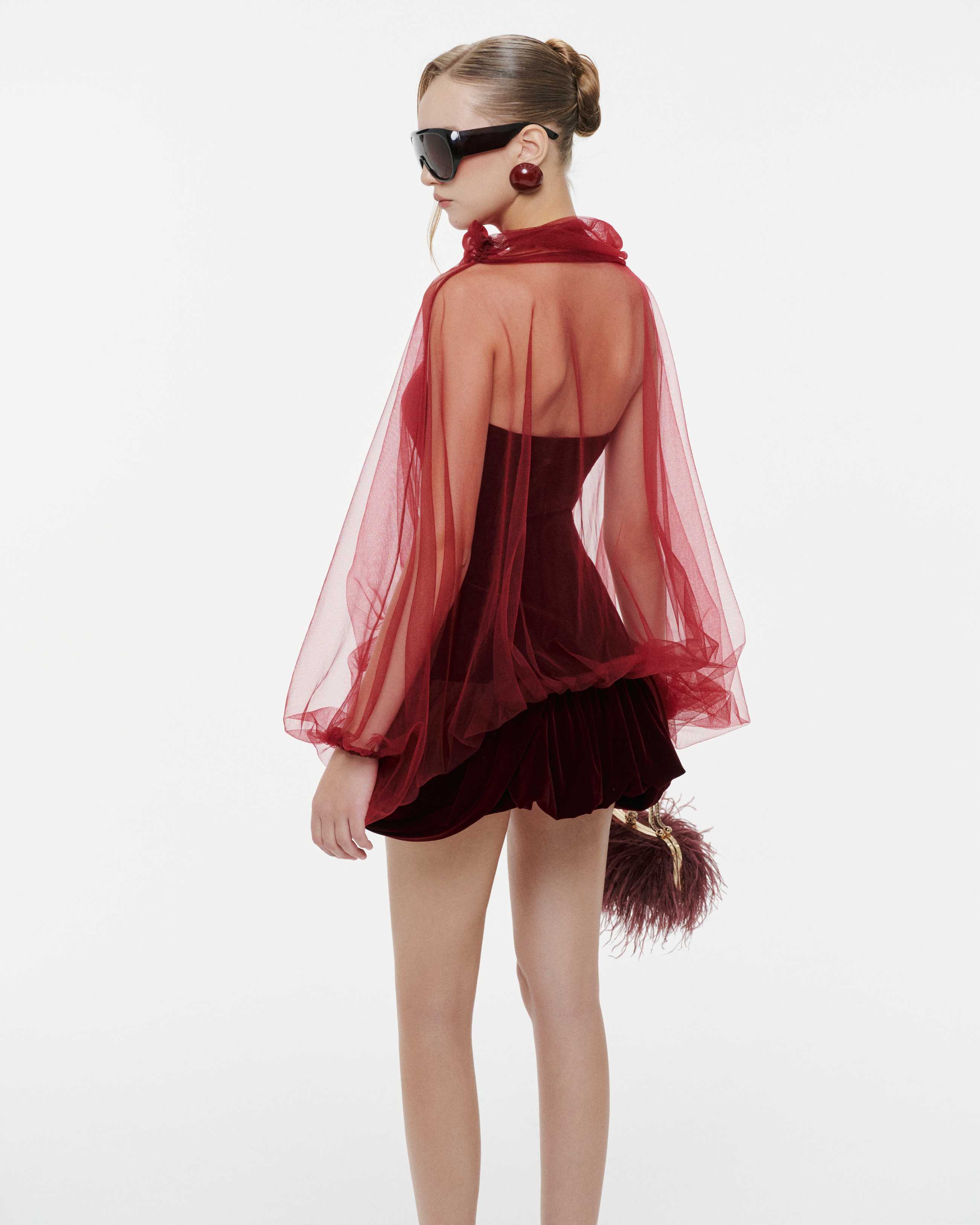 Red Velvet Panelled Cape Dress