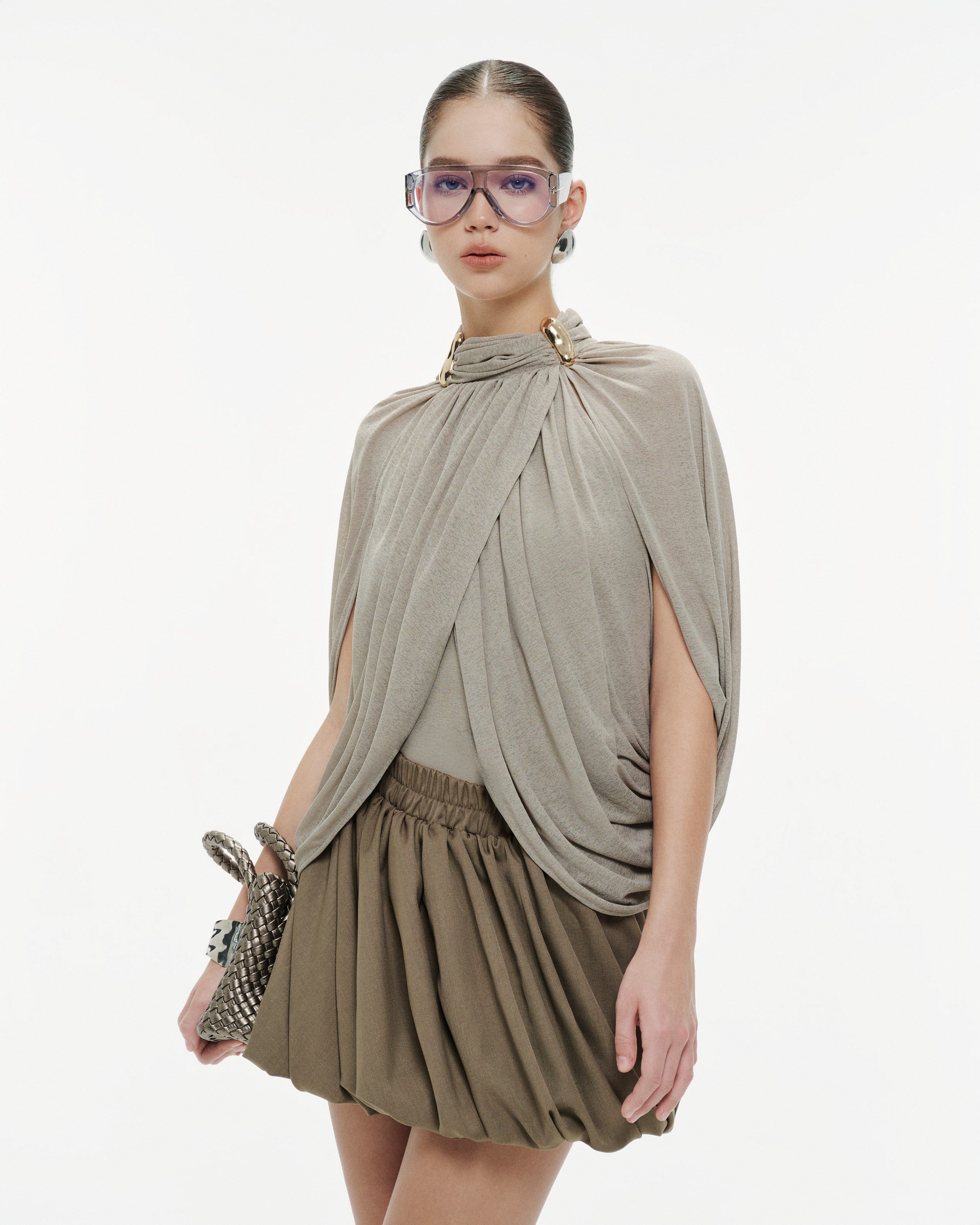 Smoky Brown Asymmetric Ruched Skort