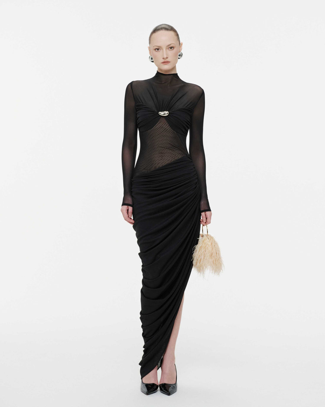 Long-Sleeve Ruched Bust Asymmetric Dress