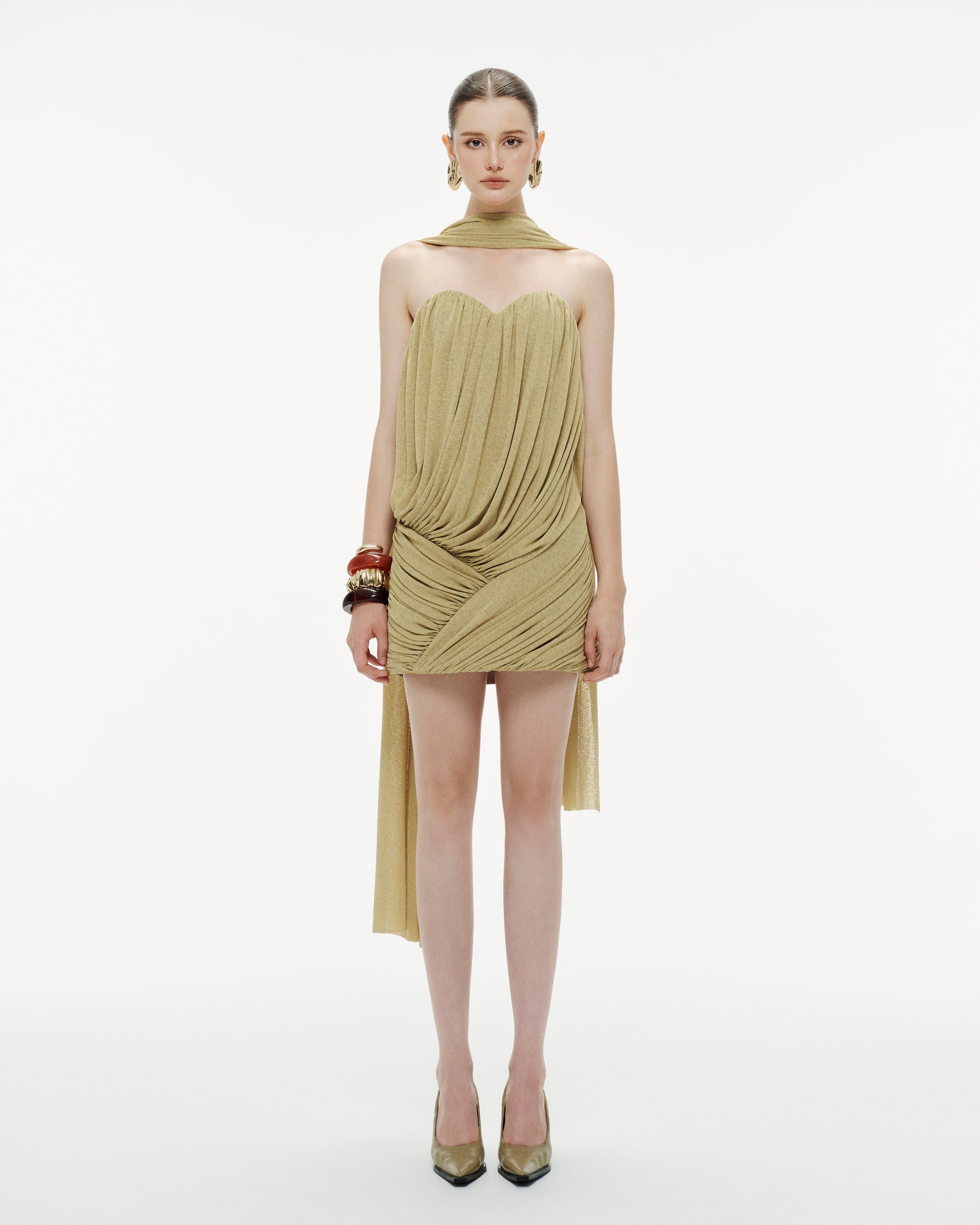 Pomelo Olive Strapless Ruched Mushroom Dress