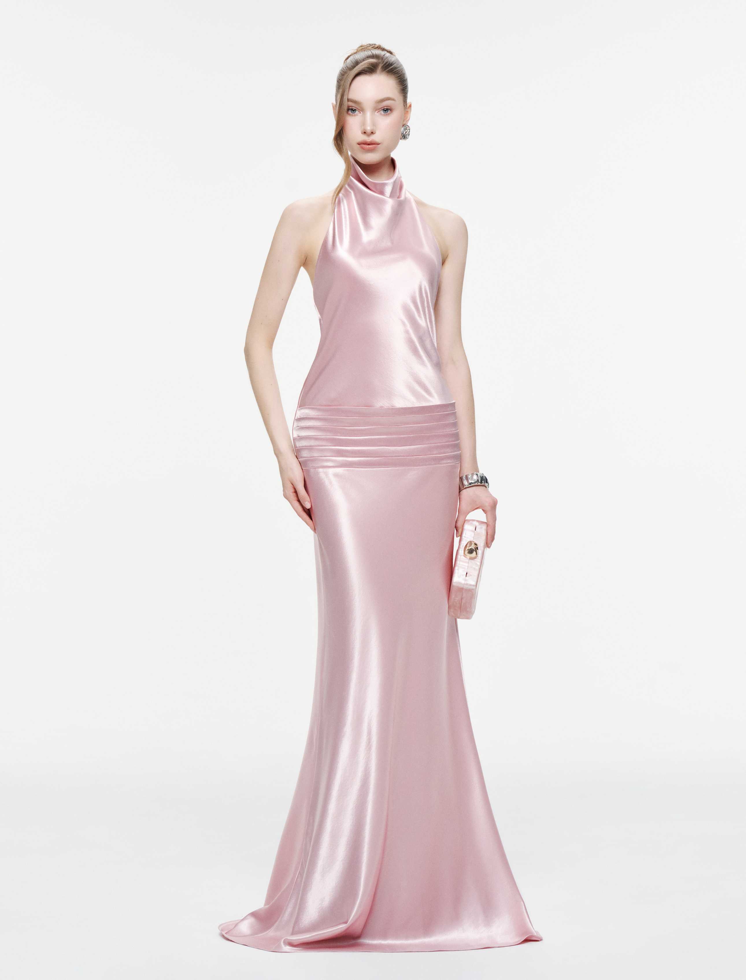 Cowl Neck Silk Dress With Twisted Bow Back