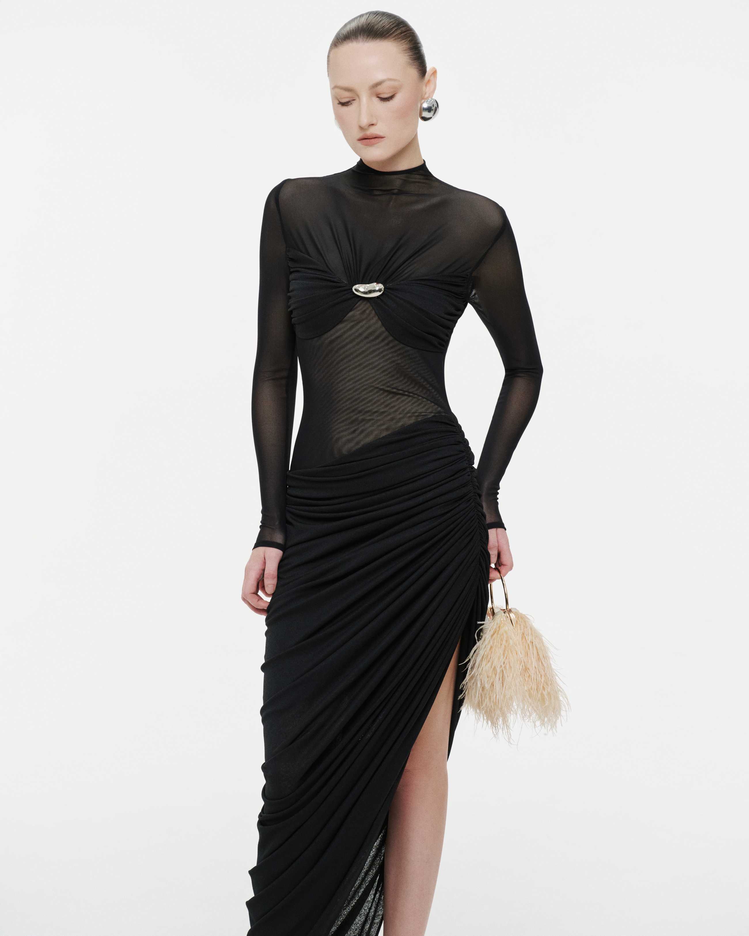 Long-Sleeve Ruched Bust Asymmetric Dress