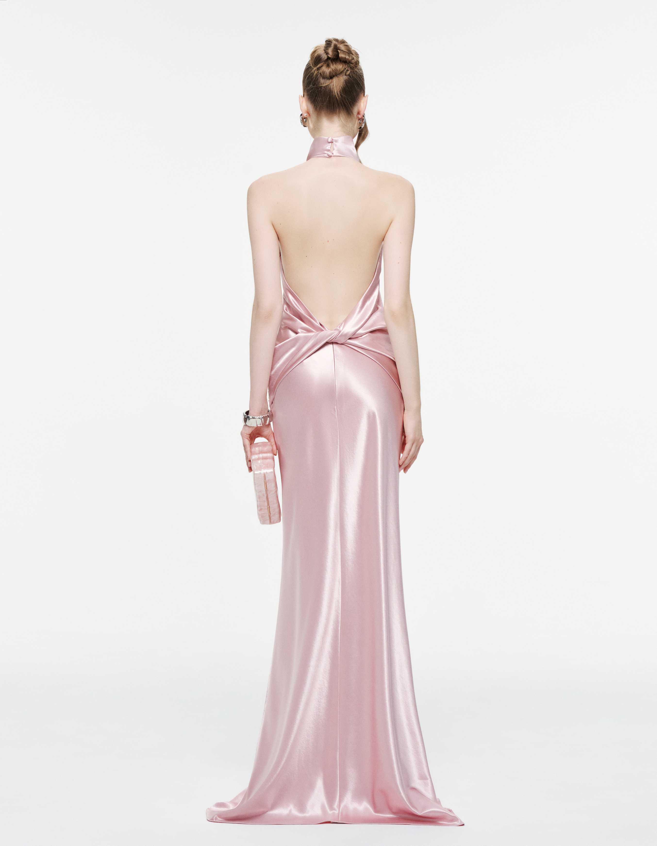 Cowl Neck Silk Dress With Twisted Bow Back