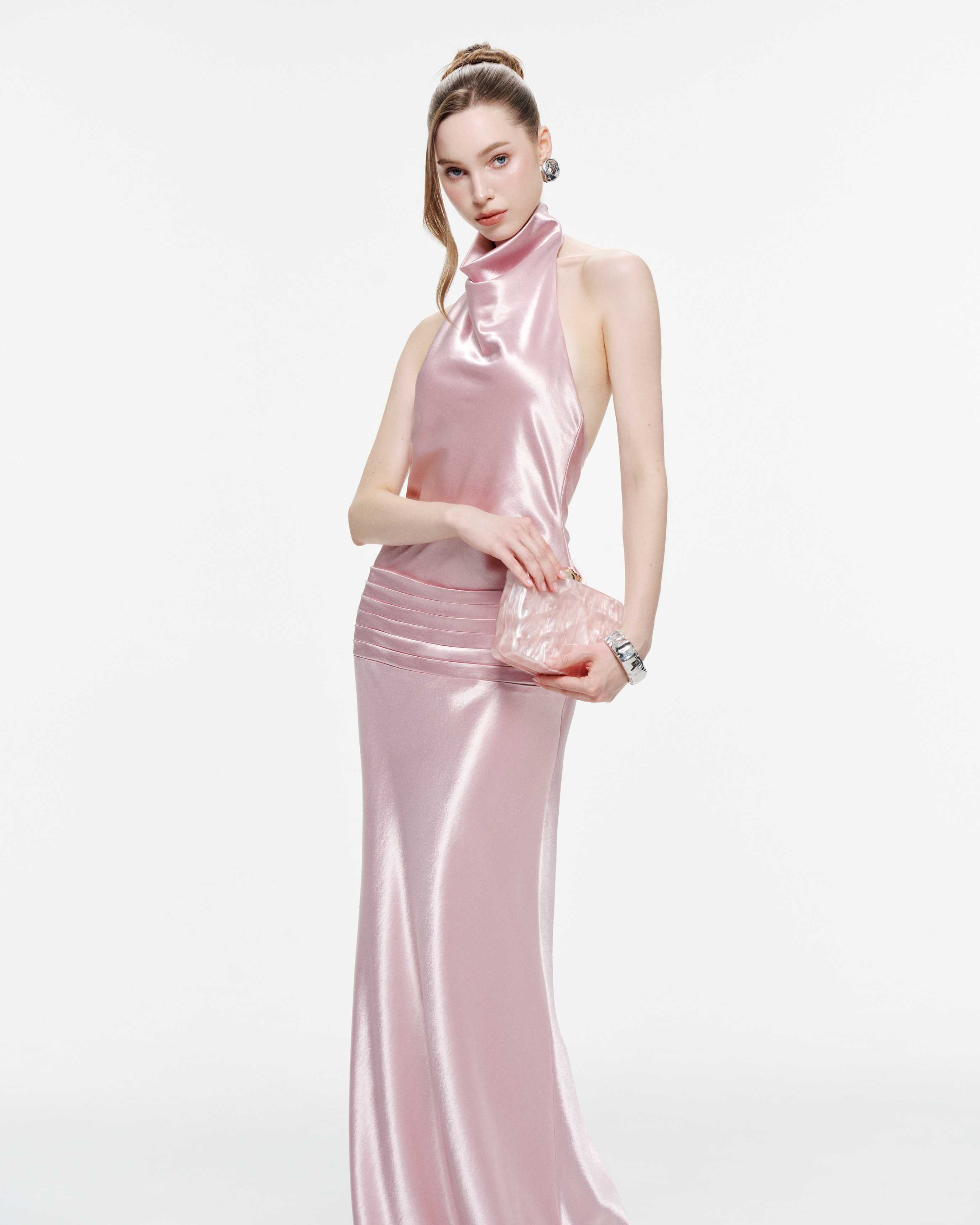 Cowl Neck Silk Dress With Twisted Bow Back