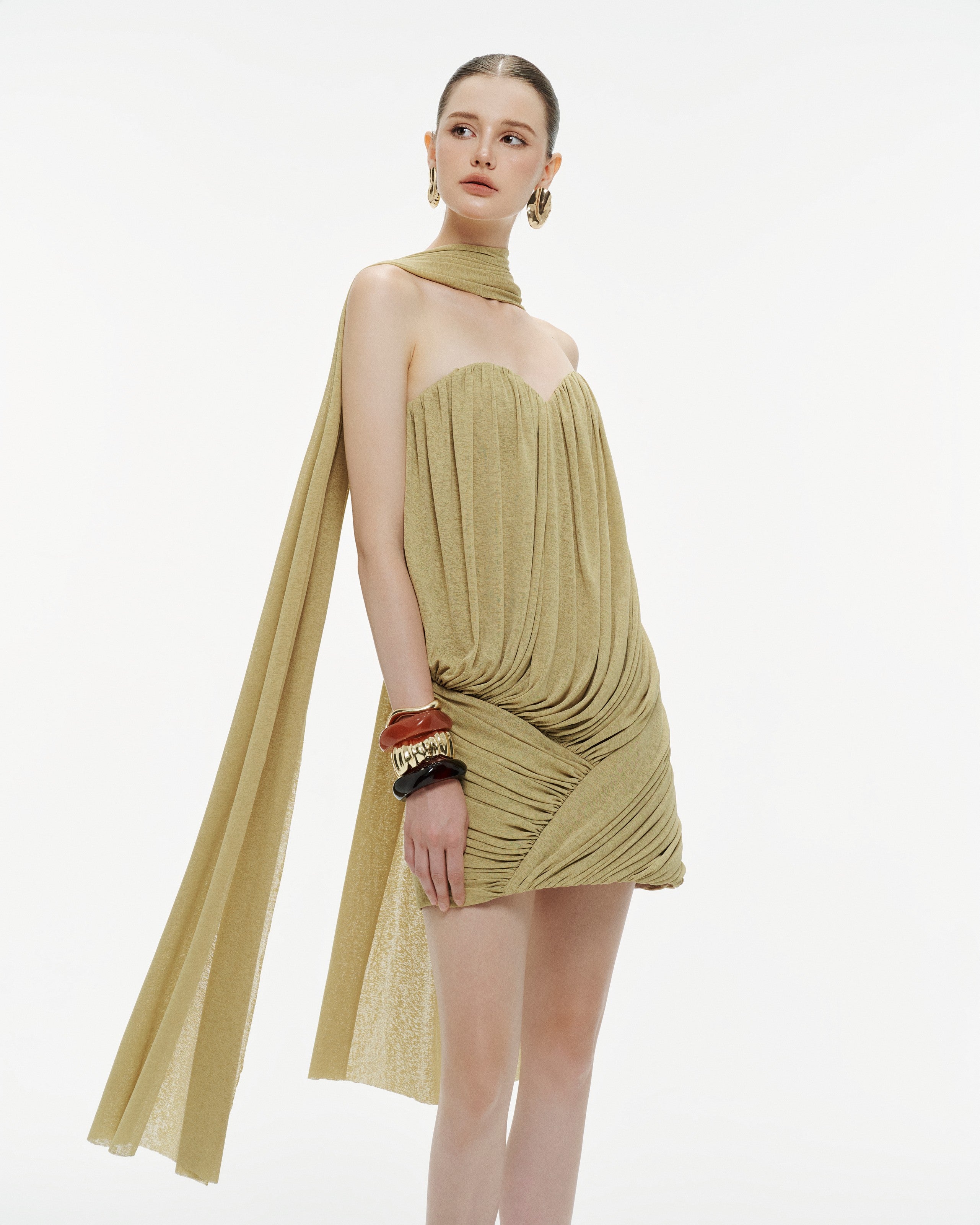 Pomelo Olive Strapless Ruched Mushroom Dress