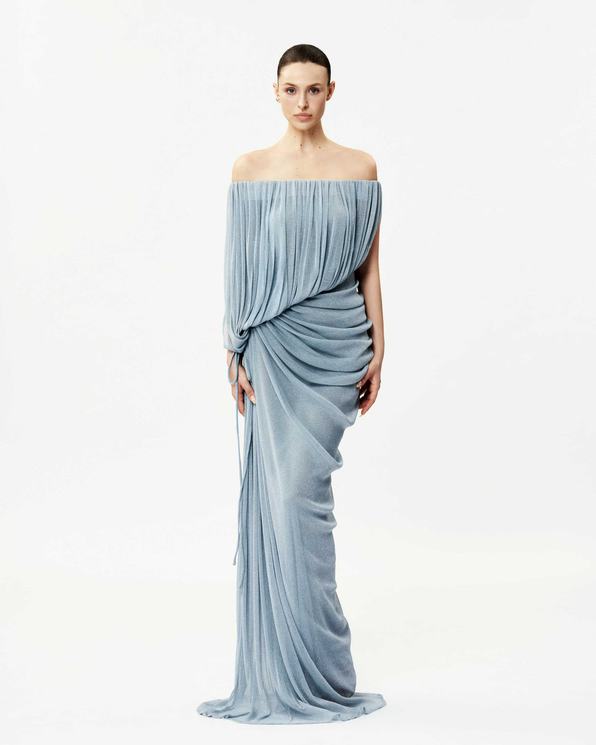 Off-Shoulder Glitter Mesh Ruched Dress