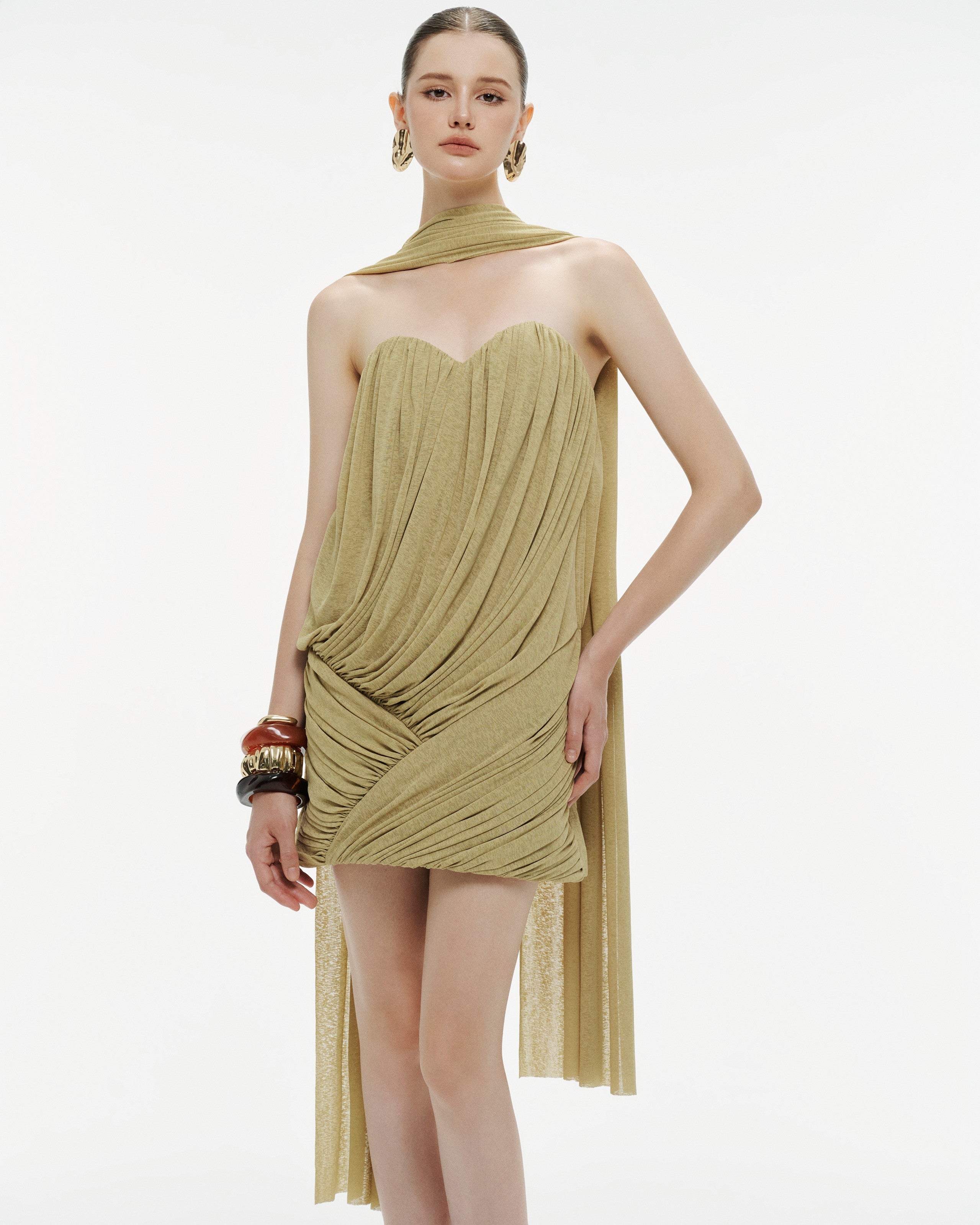 Pomelo Olive Strapless Ruched Mushroom Dress