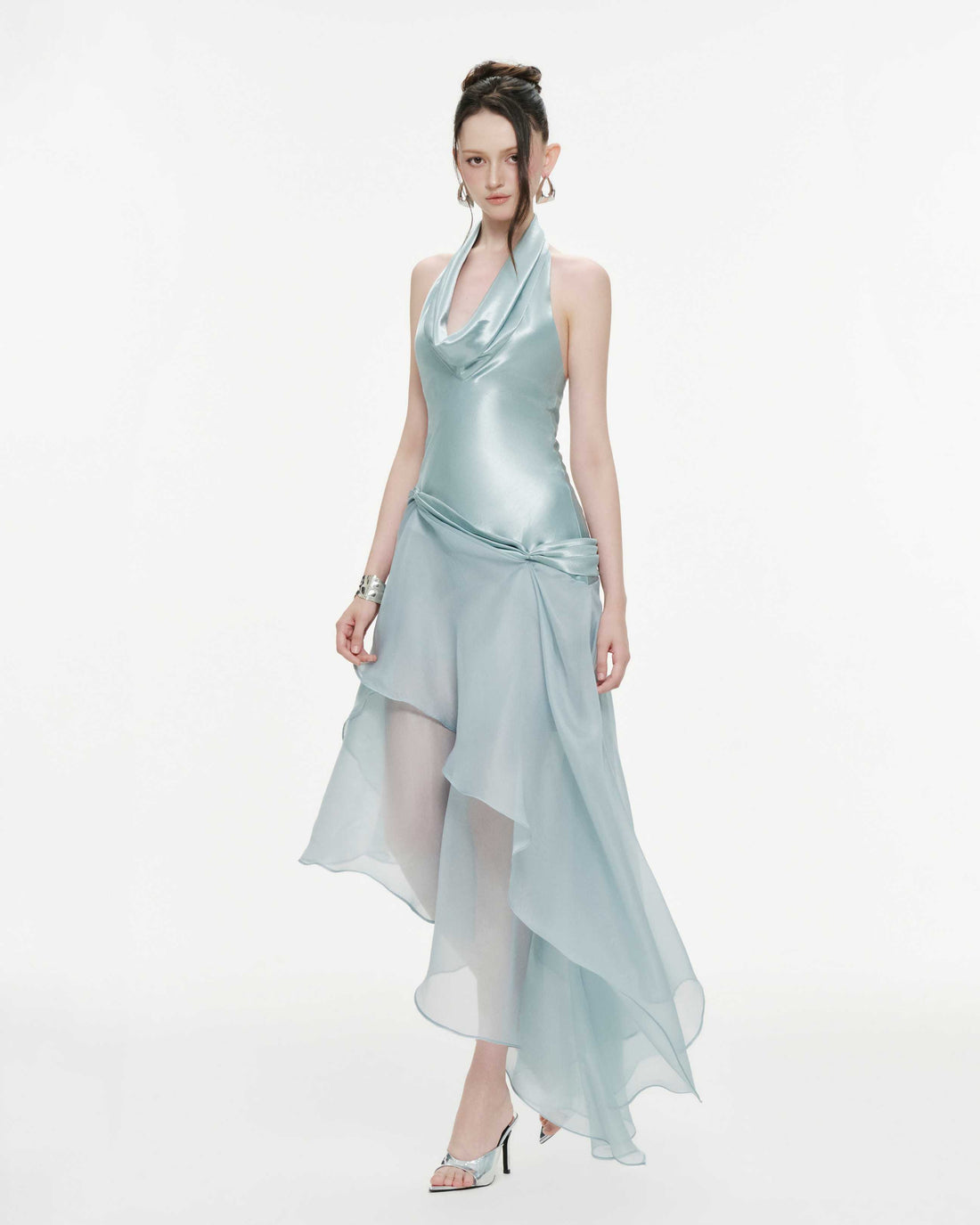 Draped Cowl-Neck Silk Dress With Layered Organza Skirt