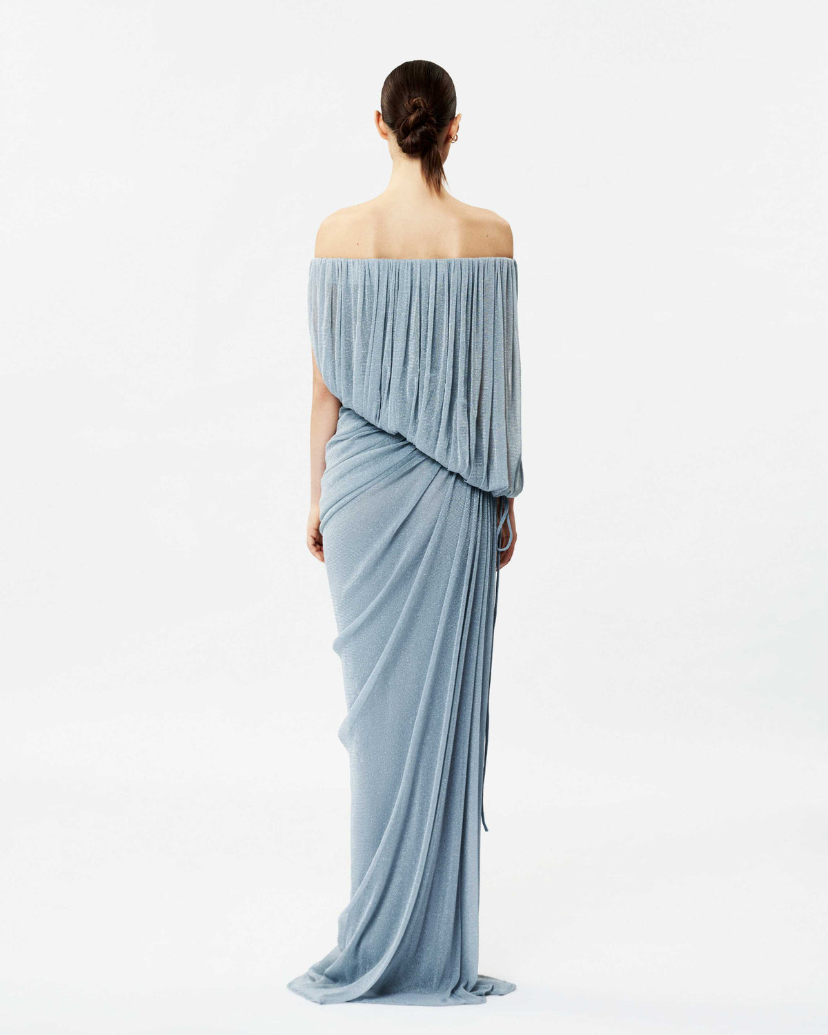 Off-Shoulder Glitter Mesh Ruched Dress