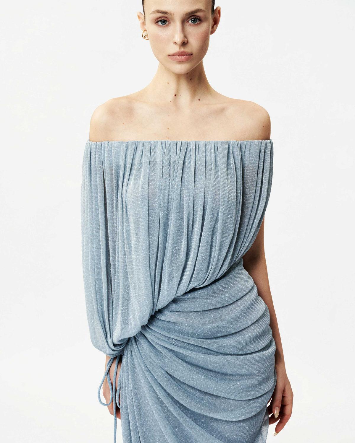 Off-Shoulder Glitter Mesh Ruched Dress