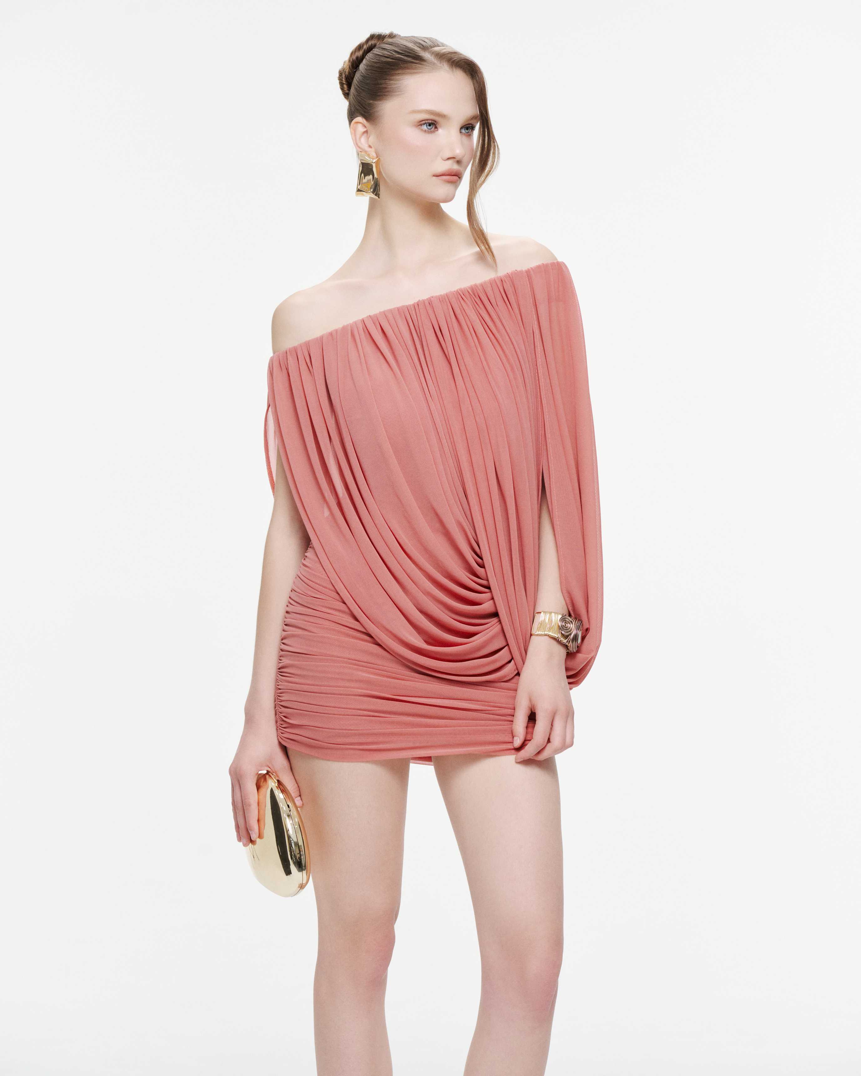 One-Shoulder Stretch Mesh Cape Dress