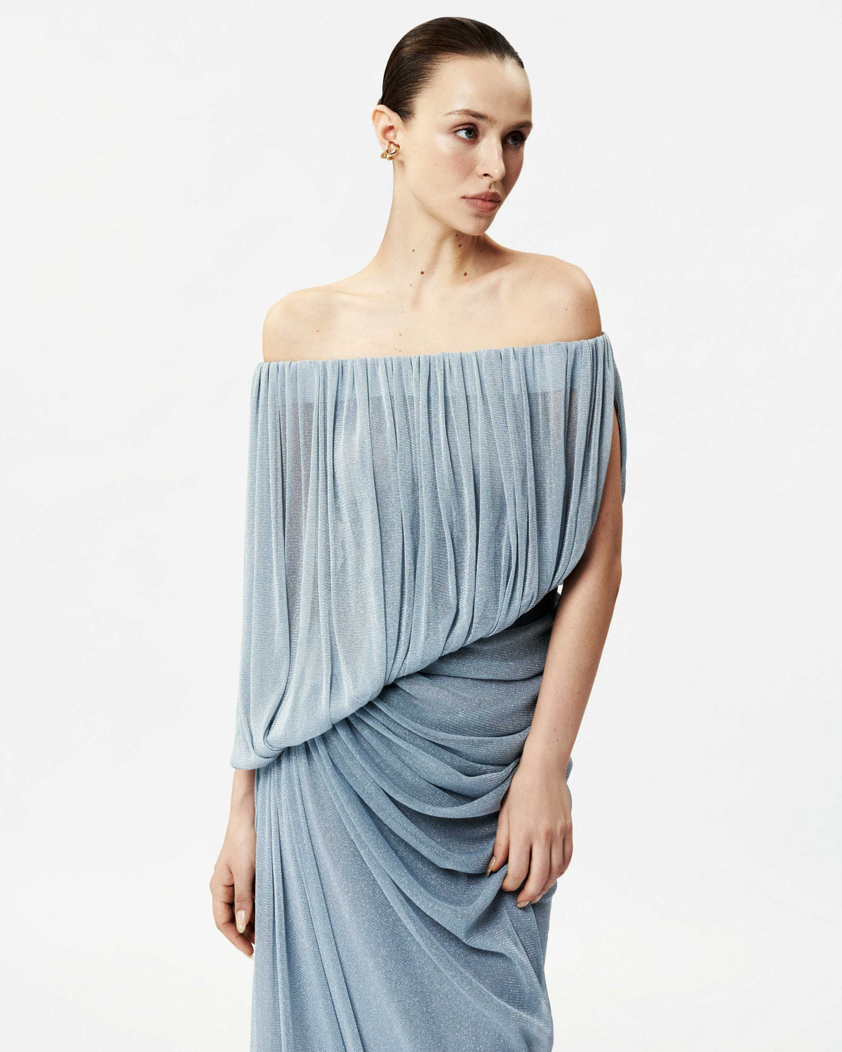 Off-Shoulder Glitter Mesh Ruched Dress