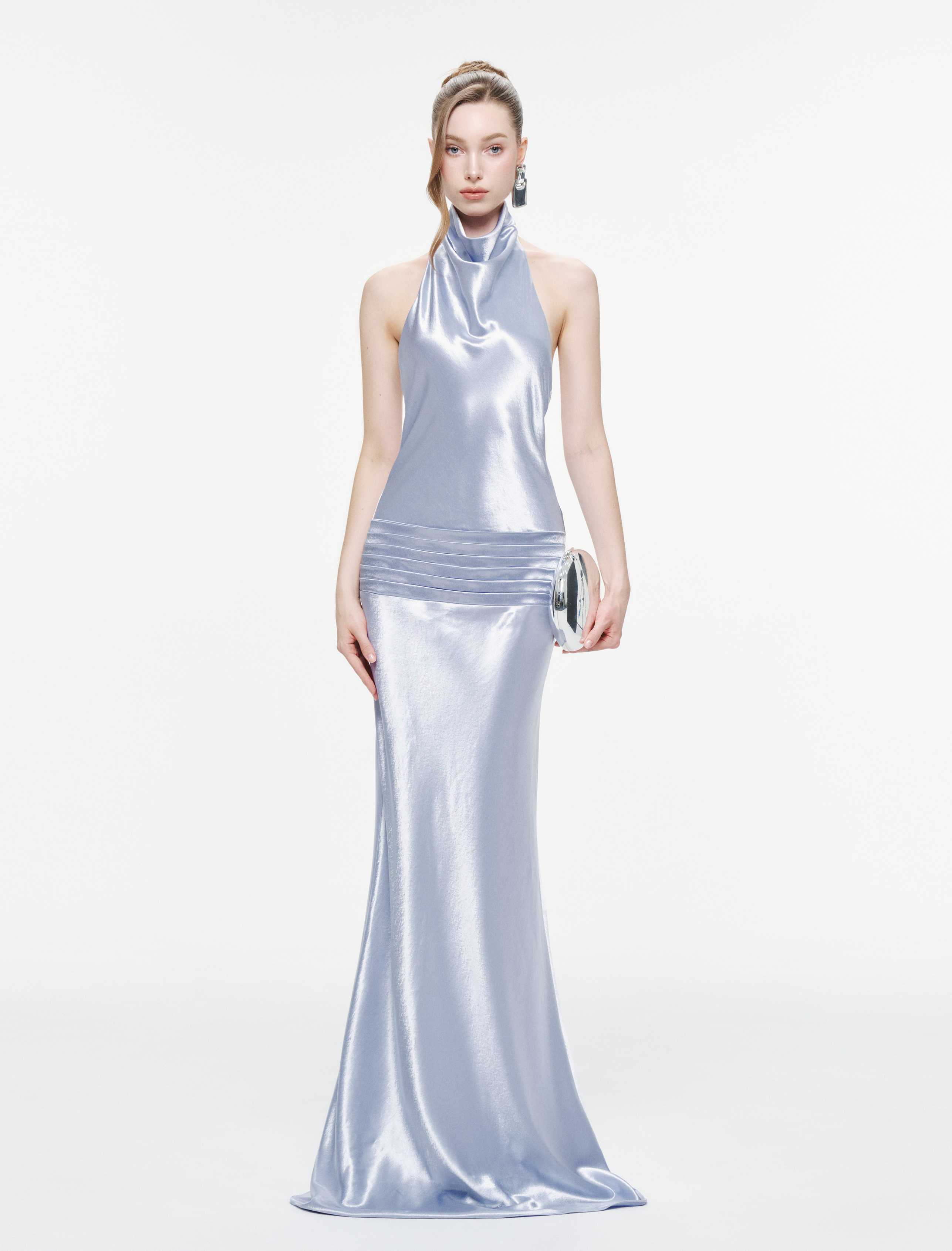 Cowl Neck Silk Dress With Twisted Bow Back