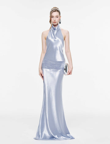 Cowl Neck Silk Dress With Twisted Bow Back