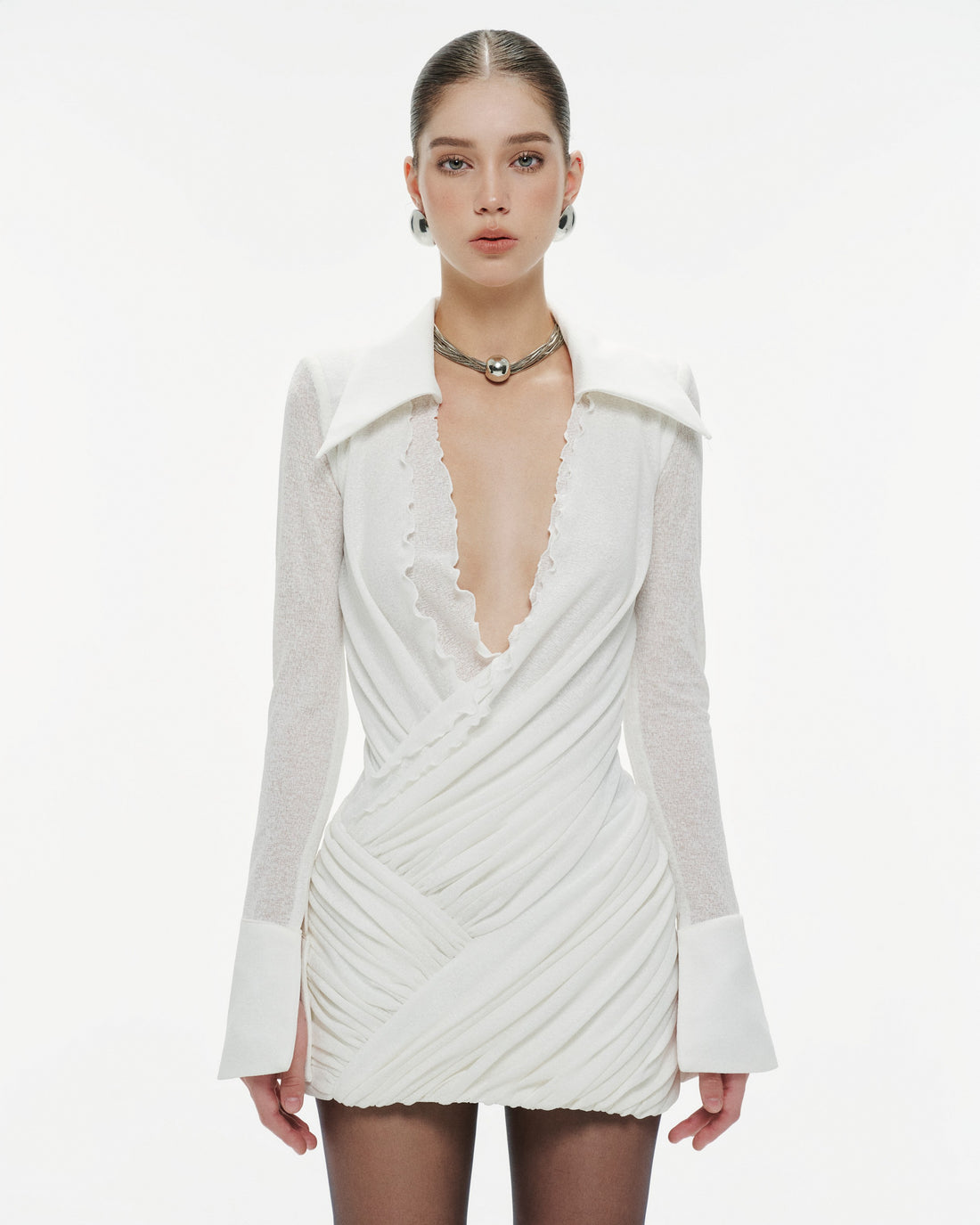 Ruched Wrap-Style Knit Shirt Dress