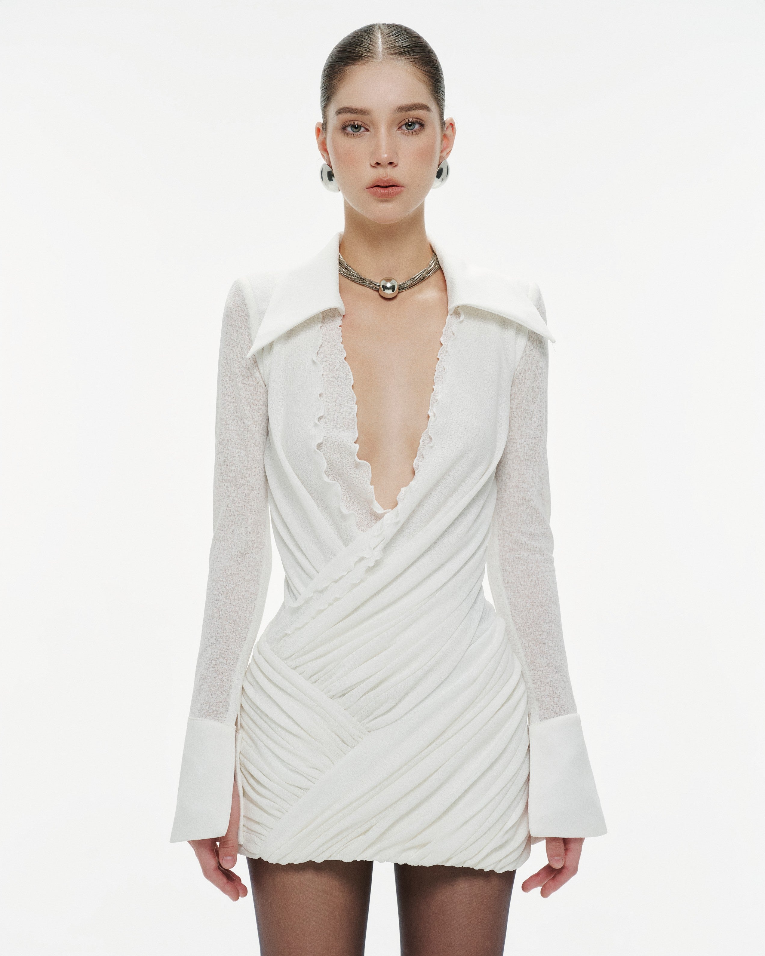 Ruched Wrap-Style Knit Shirt Dress