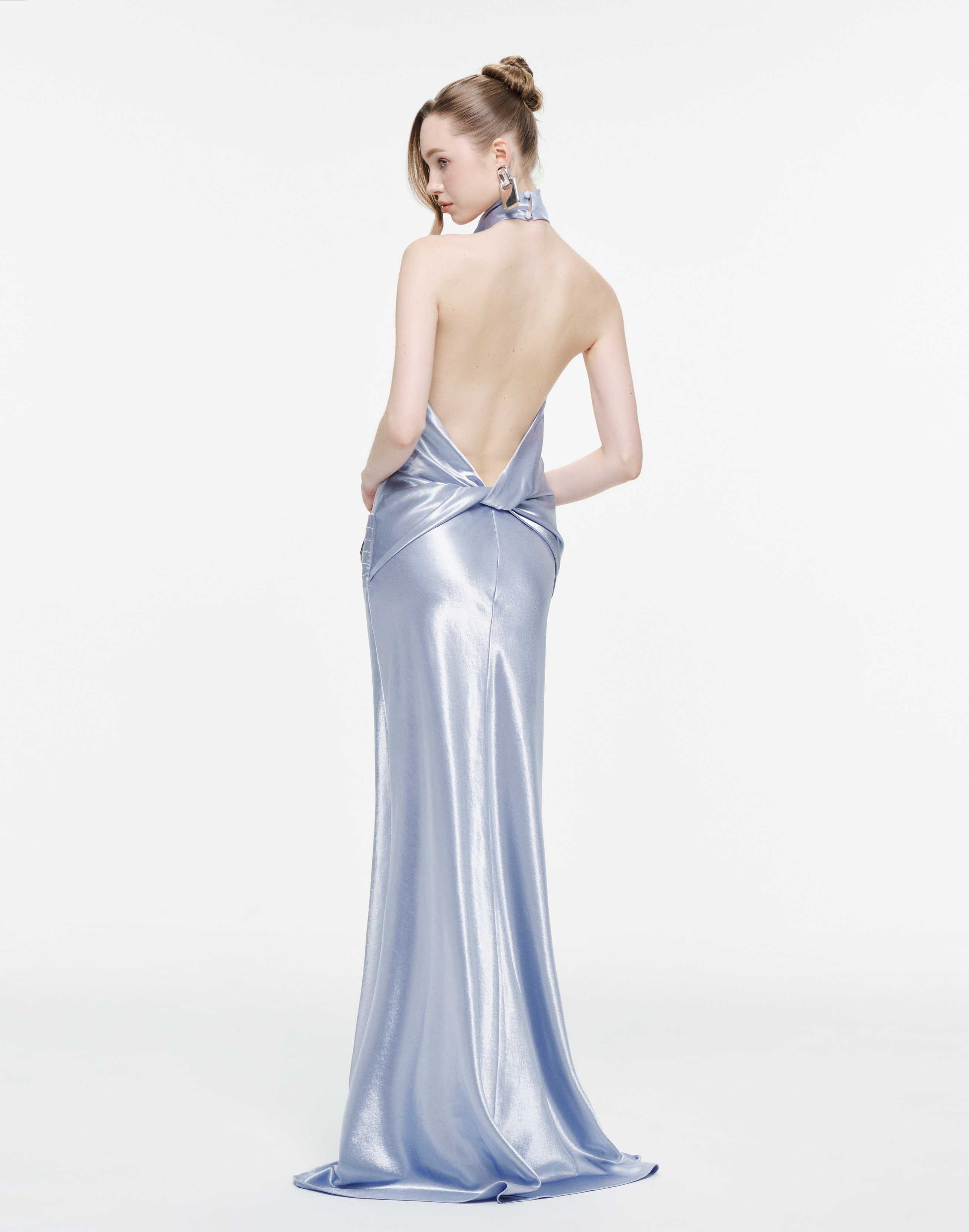 Cowl Neck Silk Dress With Twisted Bow Back