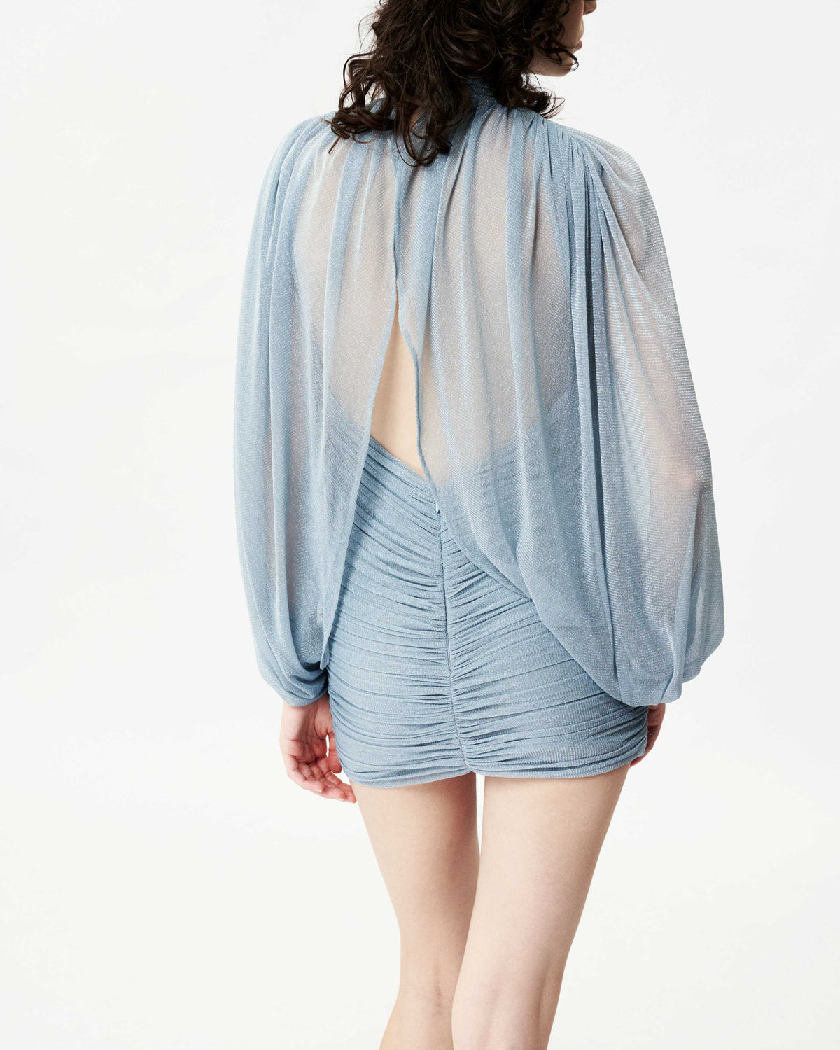 Glitter Mesh V-Neck Cape-Sleeve Dress