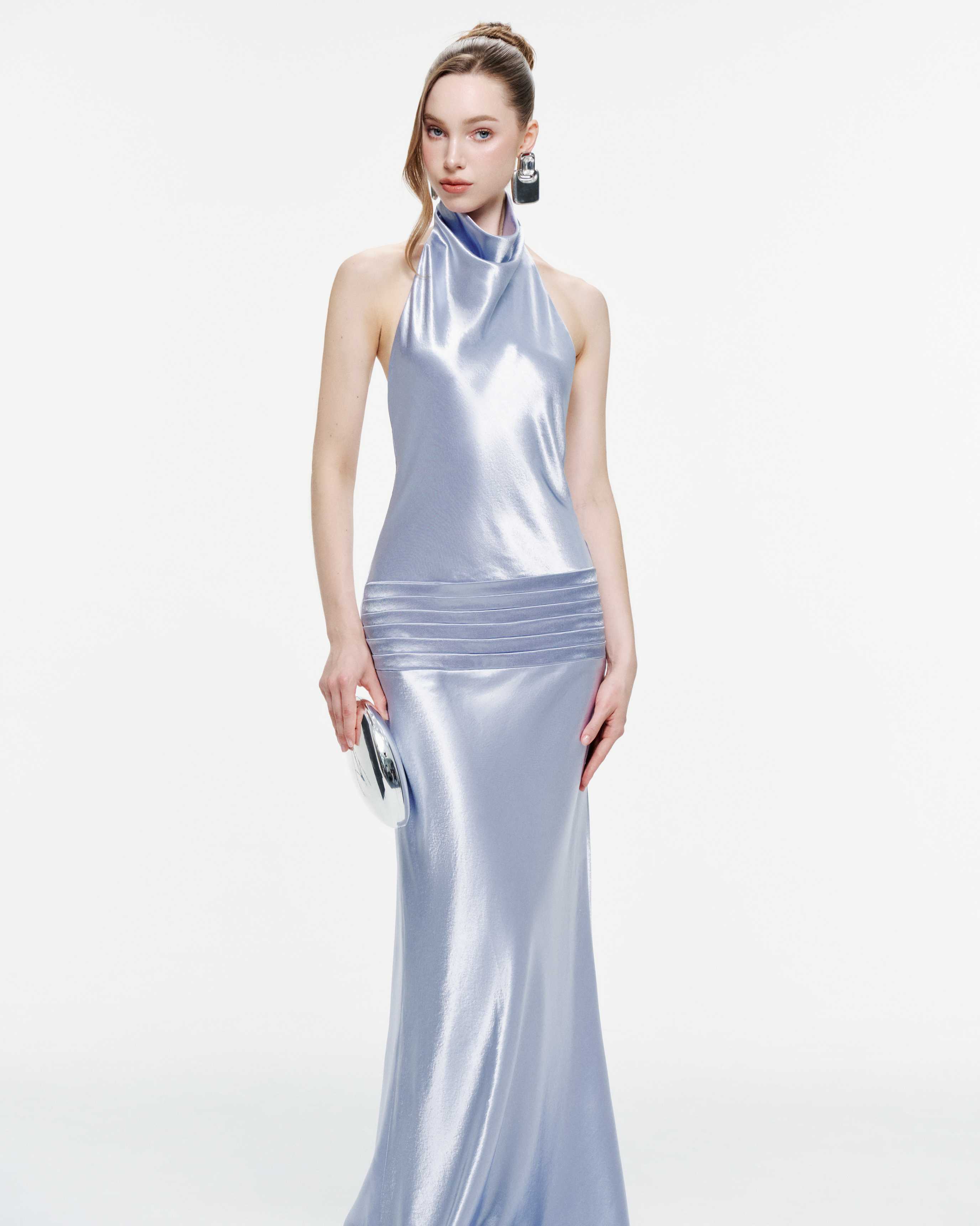 Cowl Neck Silk Dress With Twisted Bow Back