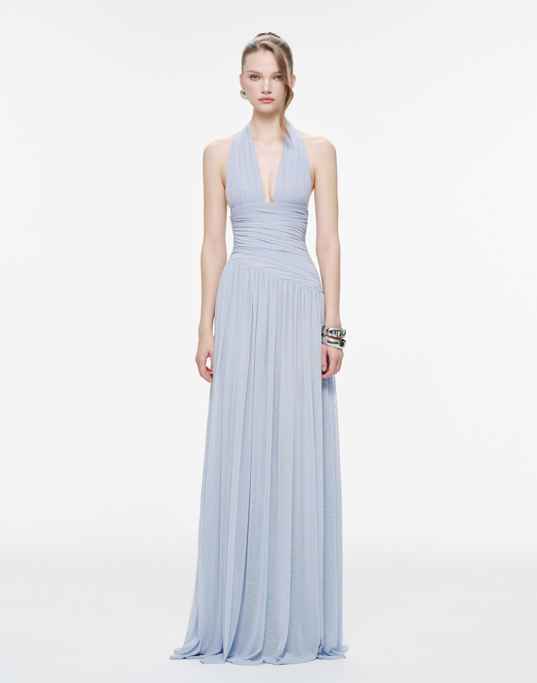 Ruched Stretch Mesh Maxi Dress With Neck Bow
