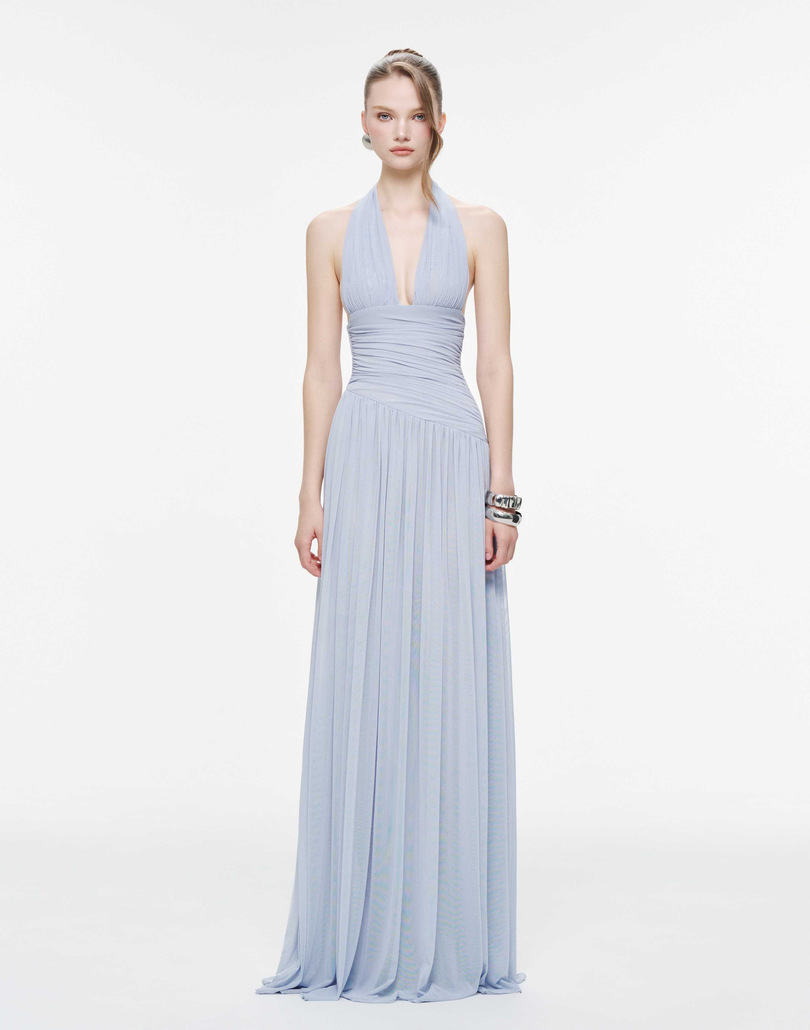 Ruched Stretch Mesh Maxi Dress With Neck Bow