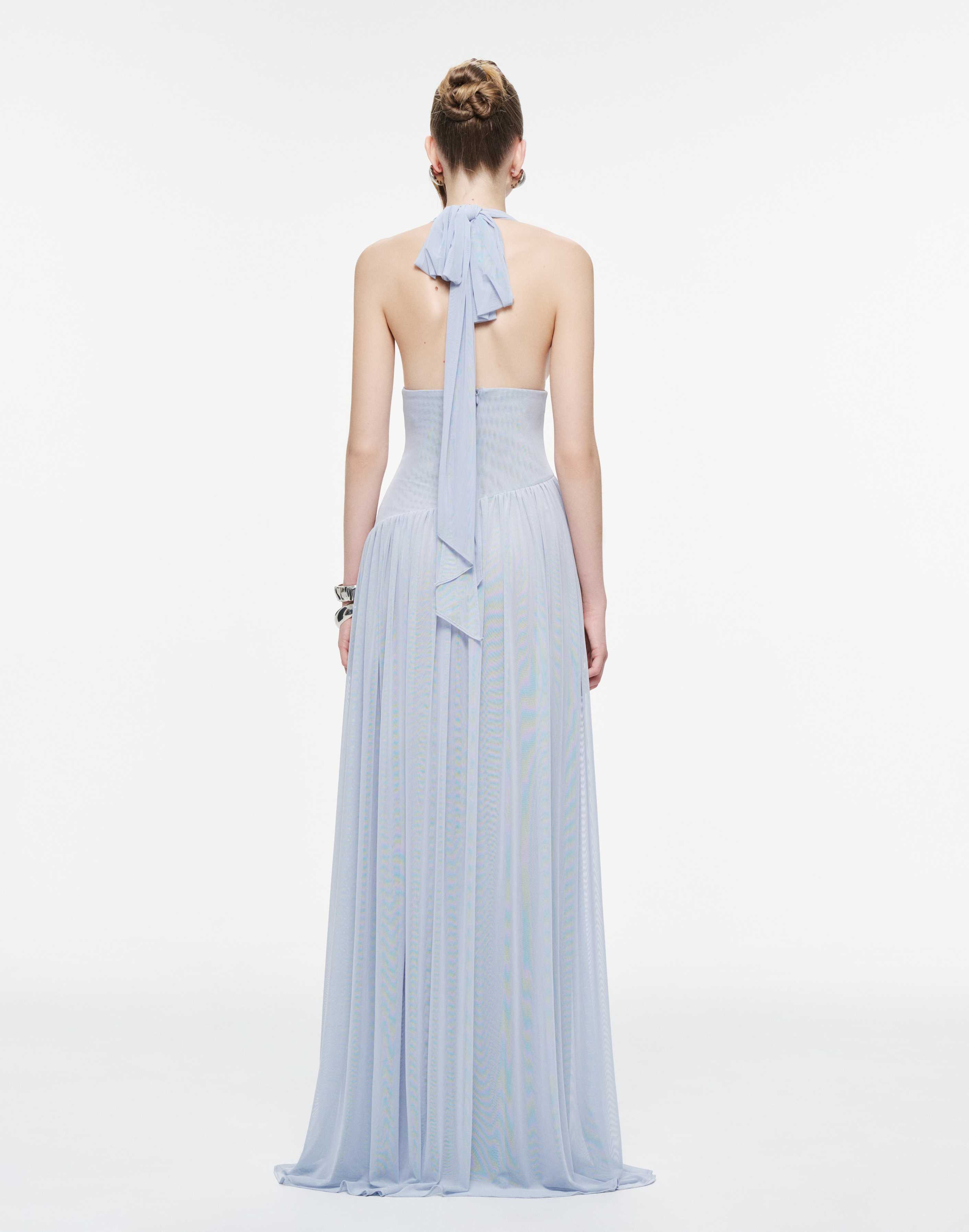 Ruched Stretch Mesh Maxi Dress With Neck Bow