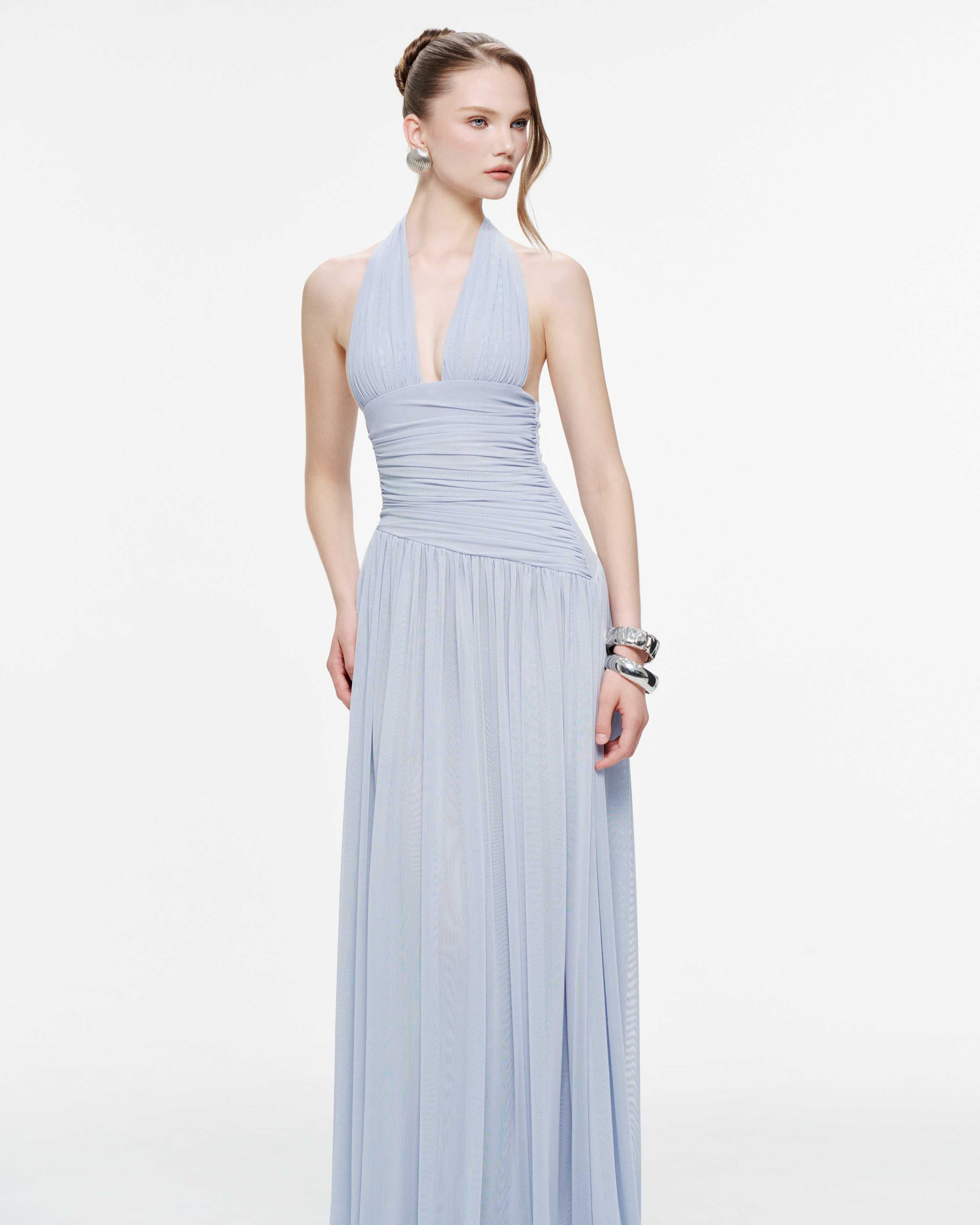 Ruched Stretch Mesh Maxi Dress With Neck Bow