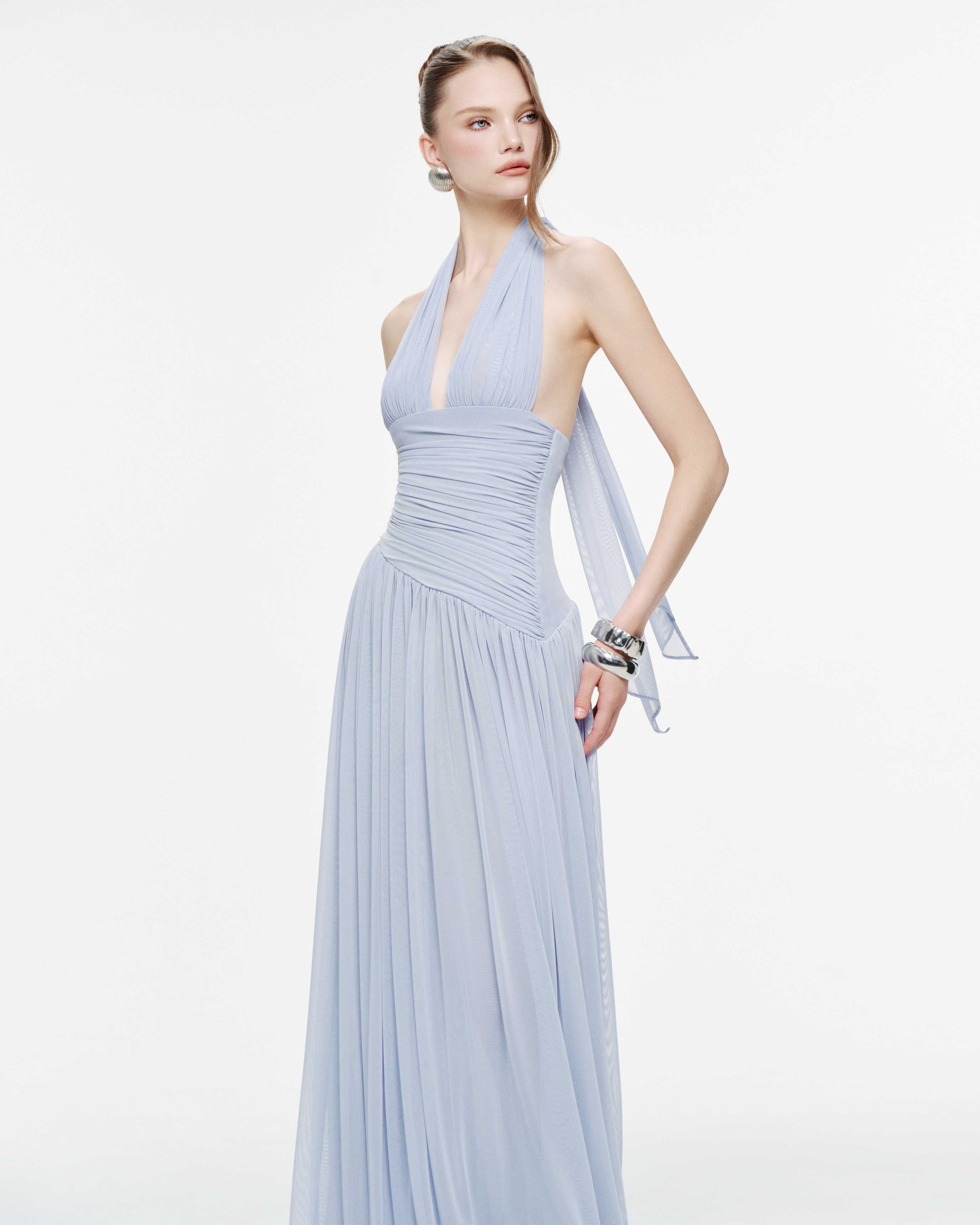 Ruched Stretch Mesh Maxi Dress With Neck Bow