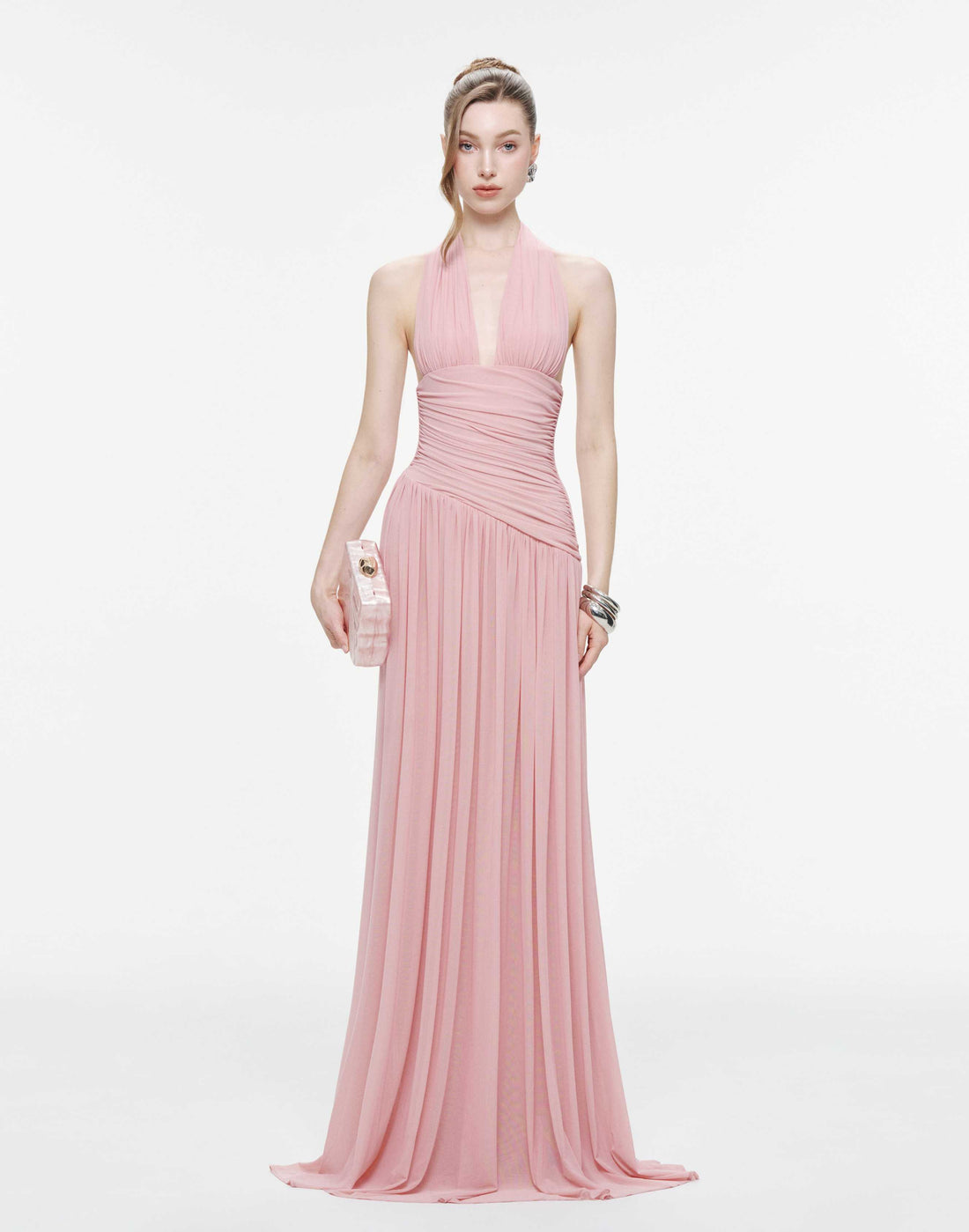 Ruched Stretch Mesh Maxi Dress With Neck Bow