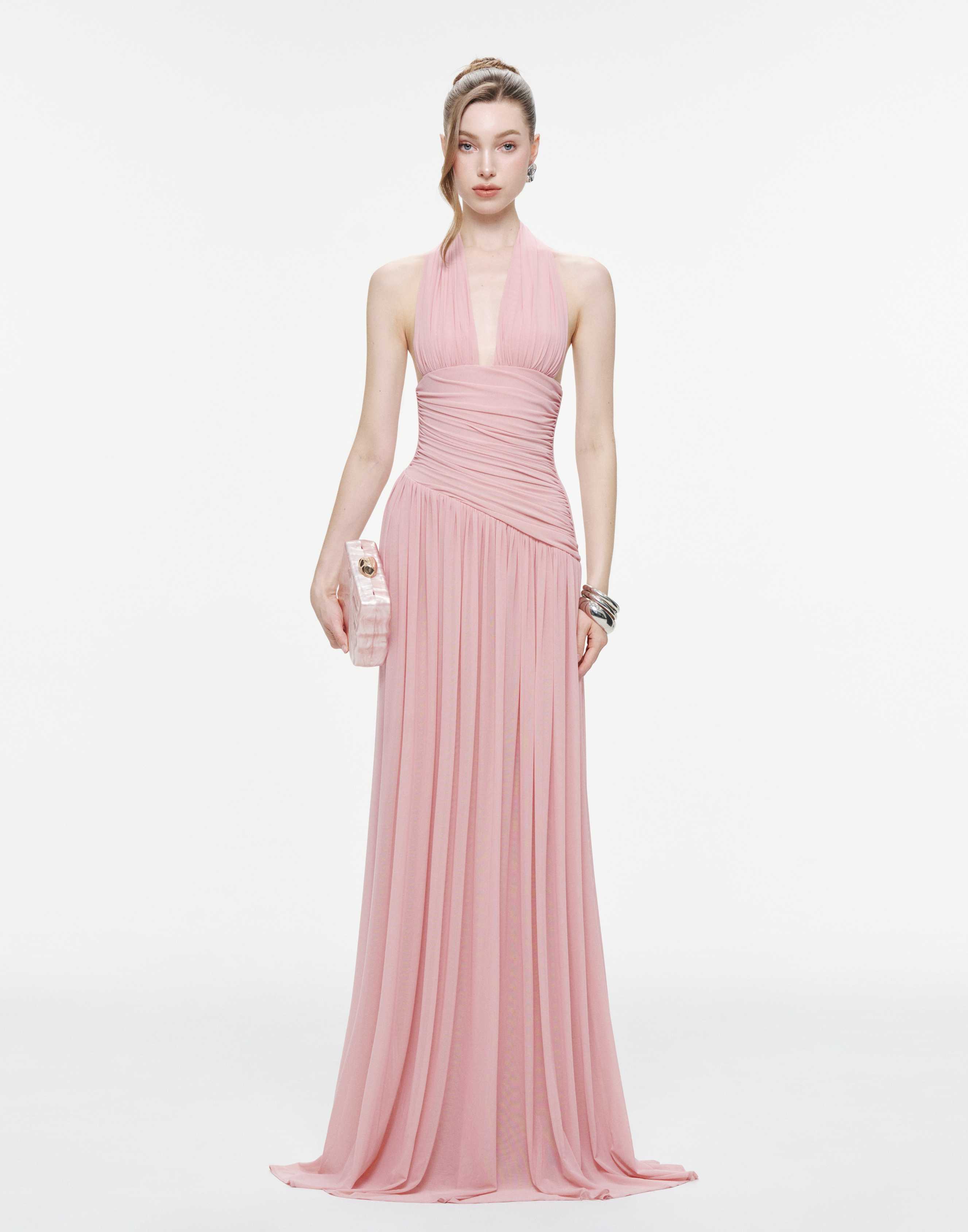 Ruched Stretch Mesh Maxi Dress With Neck Bow