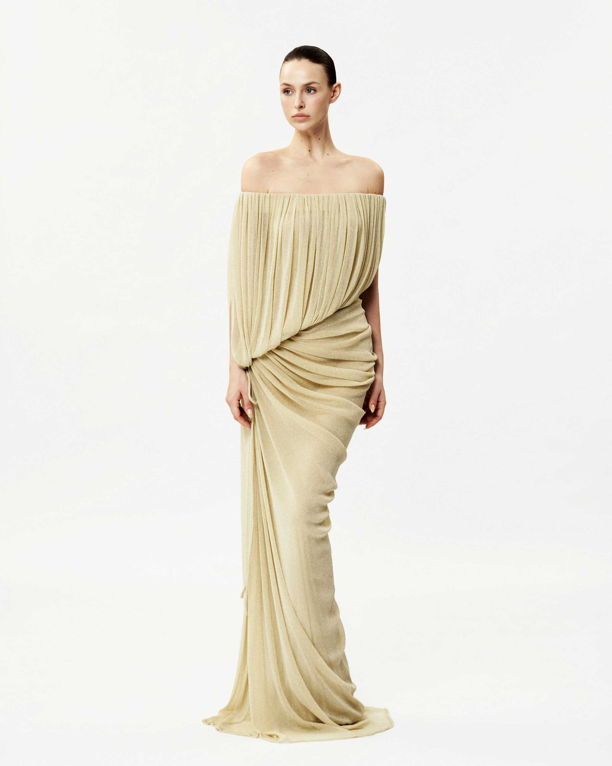 Off-Shoulder Glitter Mesh Ruched Dress