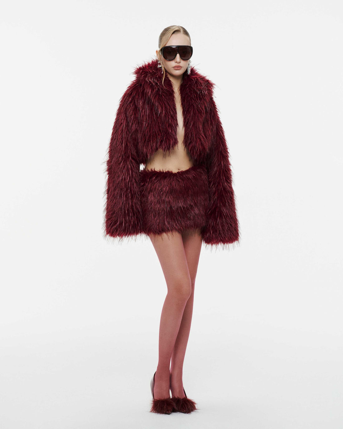 Burgundy Cropped Fur Jacket & Fur Skirt