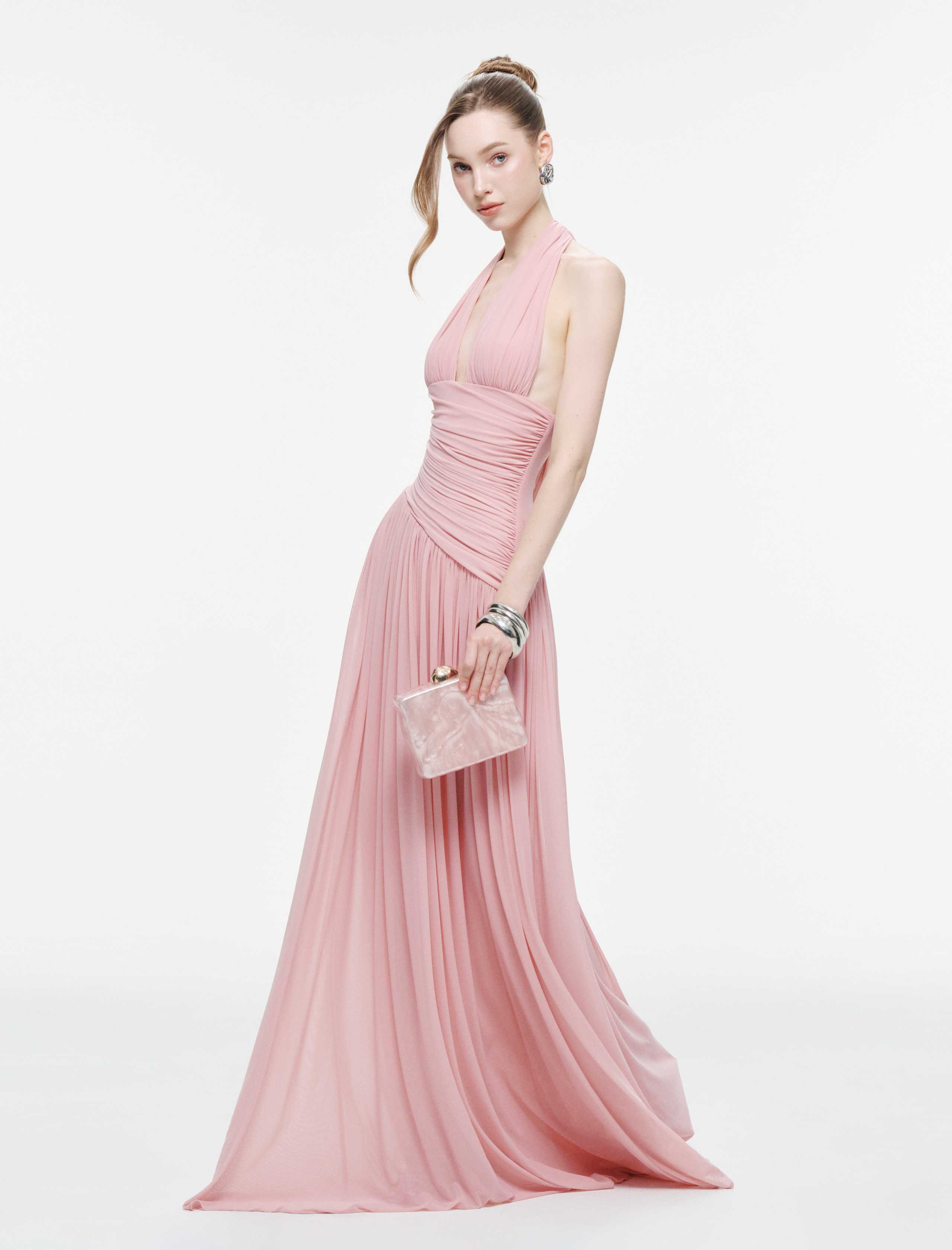Ruched Stretch Mesh Maxi Dress With Neck Bow