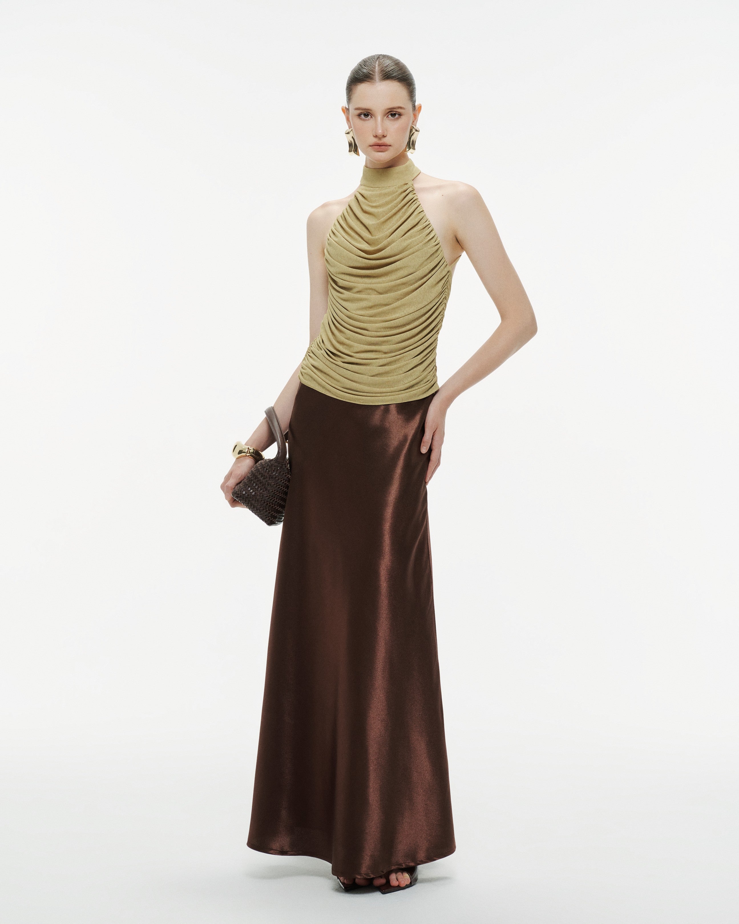 Silk Midi Long Skirt With Belt