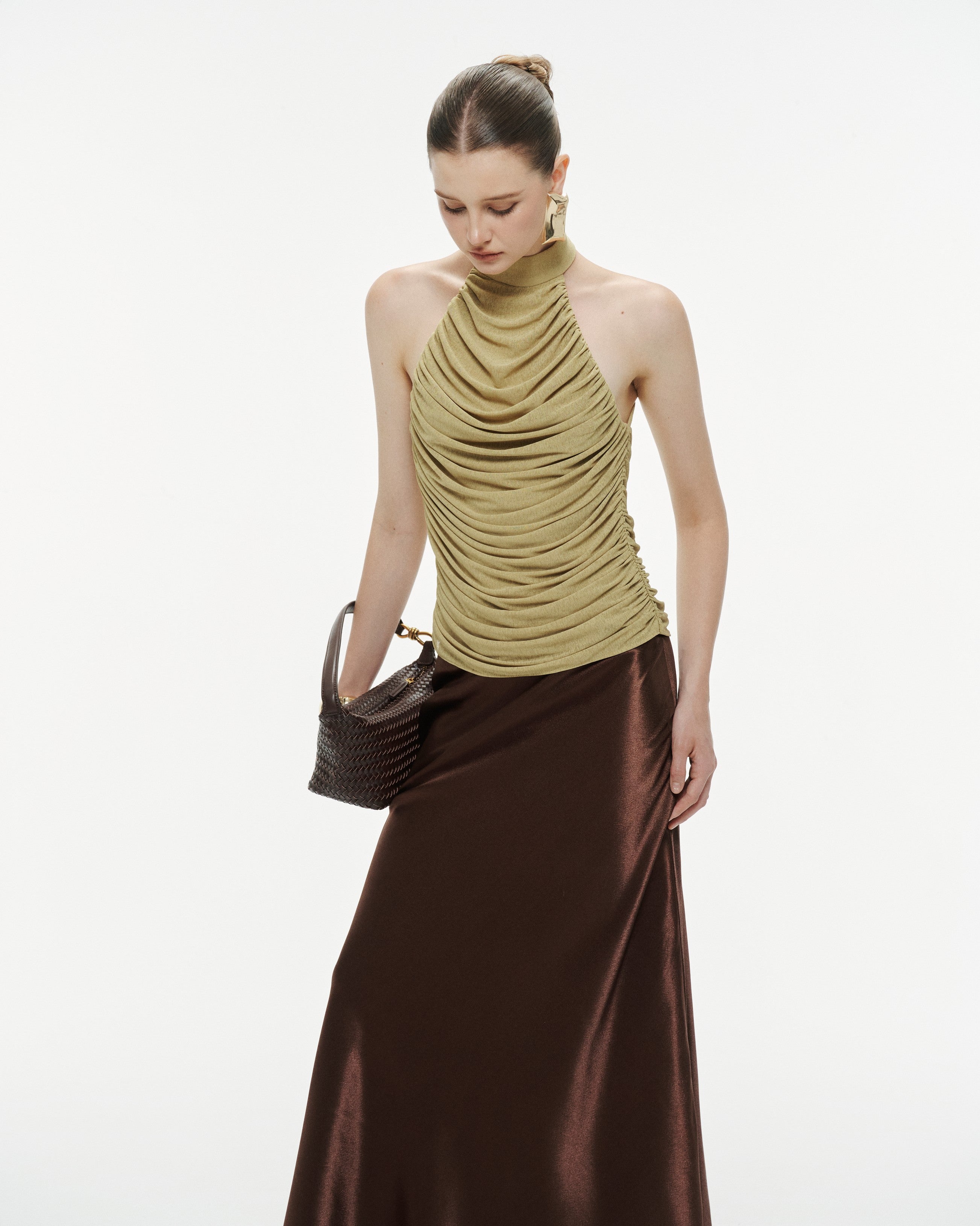 Draped Pleated Knit Halter Top