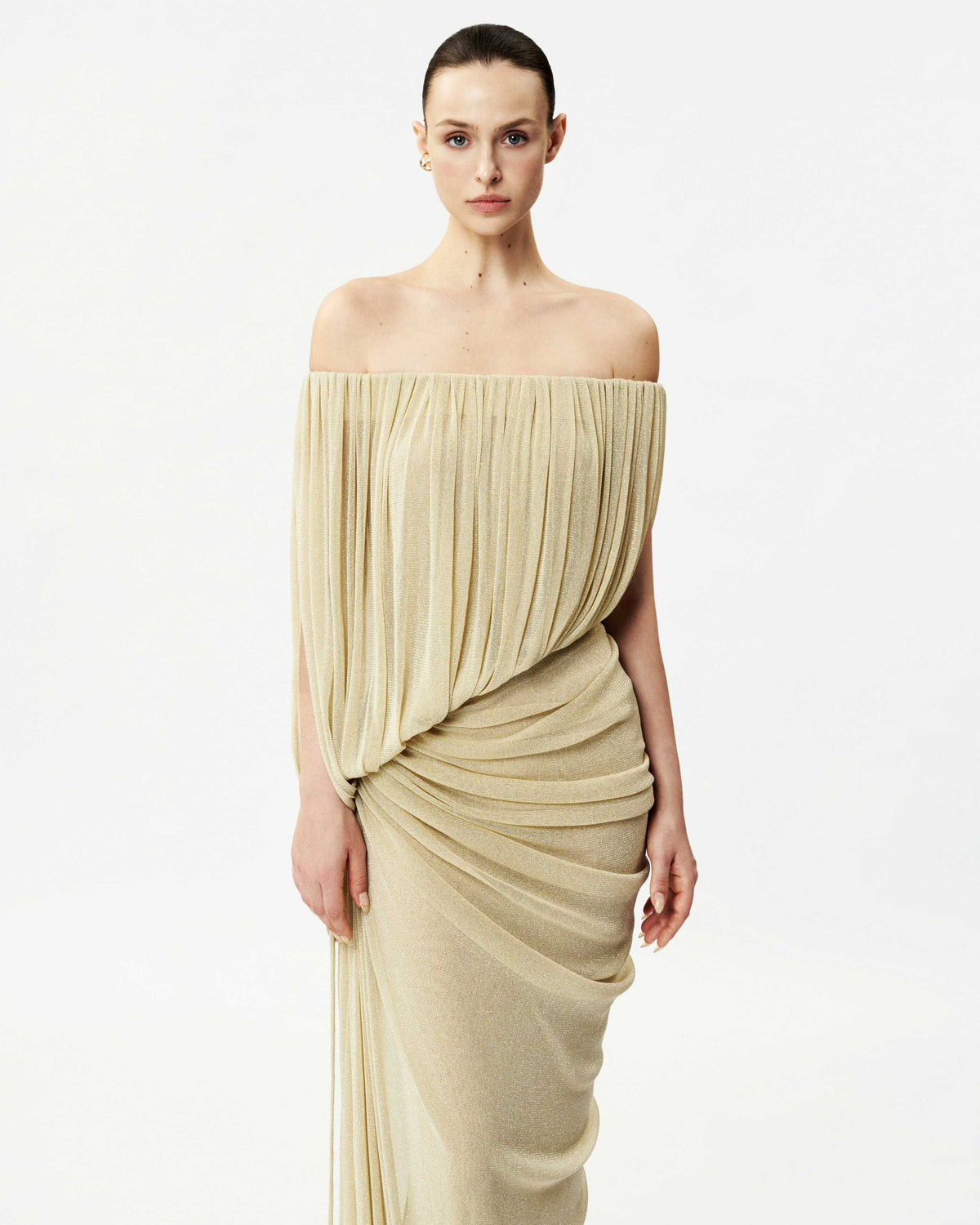Off-Shoulder Glitter Mesh Ruched Dress