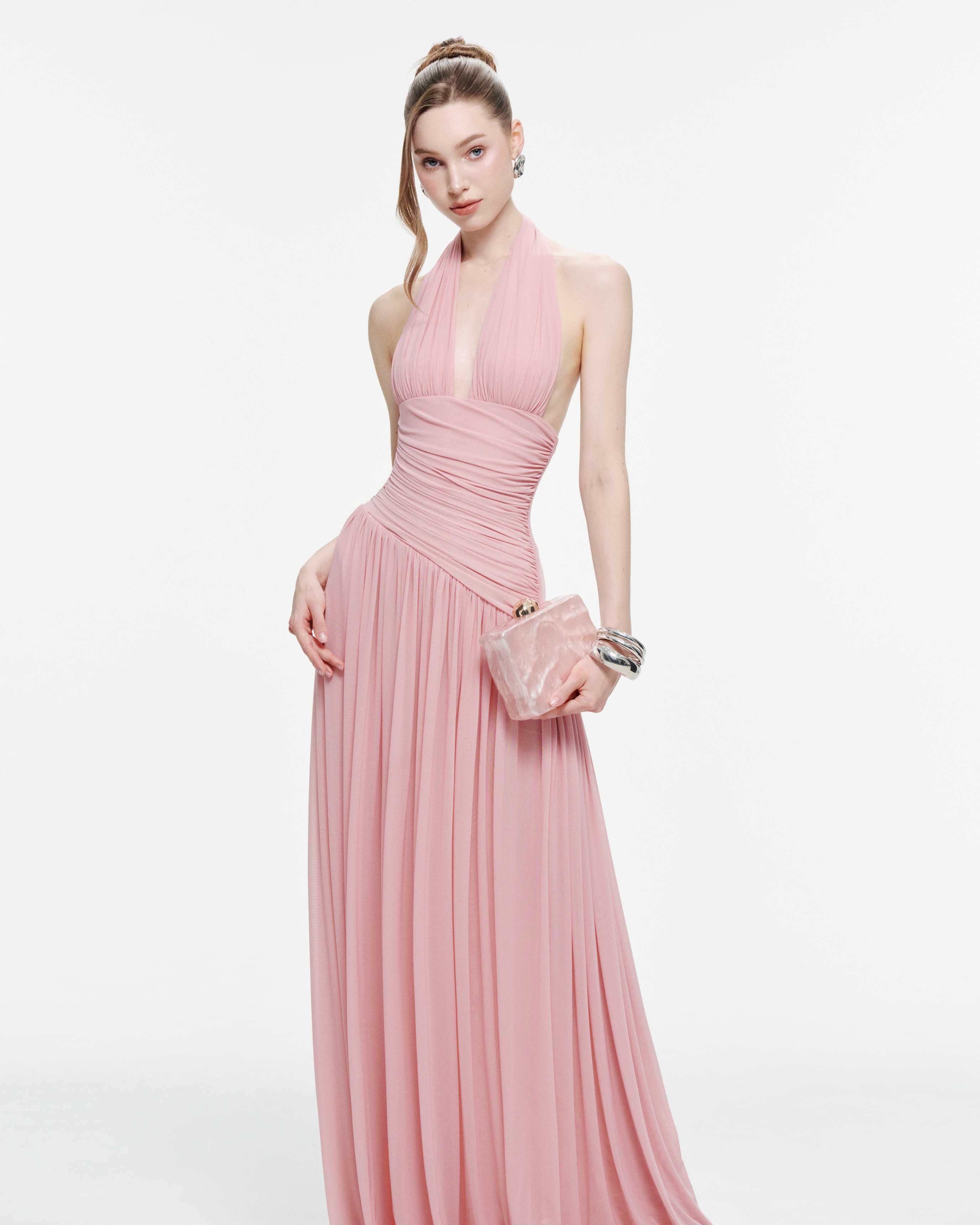 Ruched Stretch Mesh Maxi Dress With Neck Bow