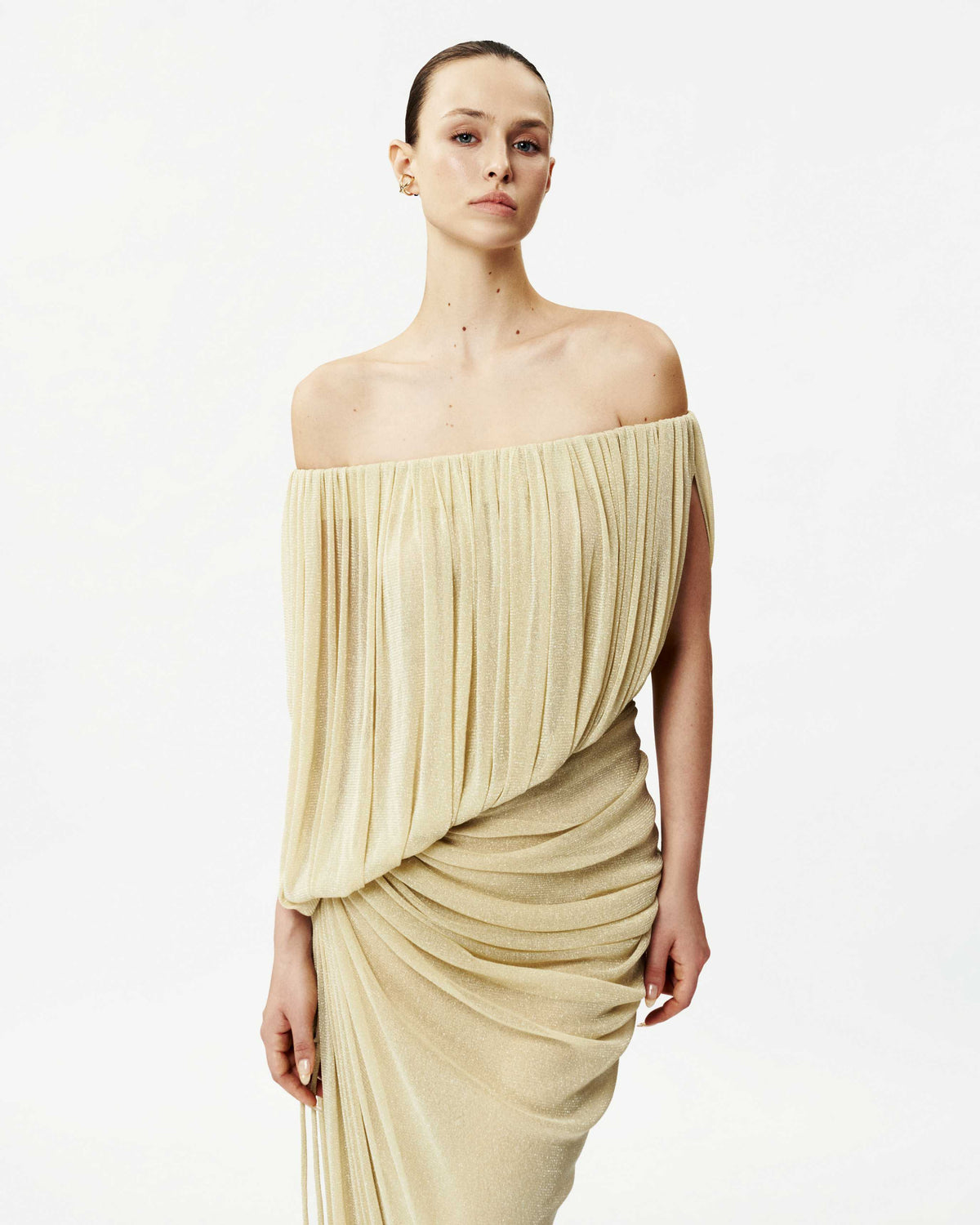 Off-Shoulder Glitter Mesh Ruched Dress