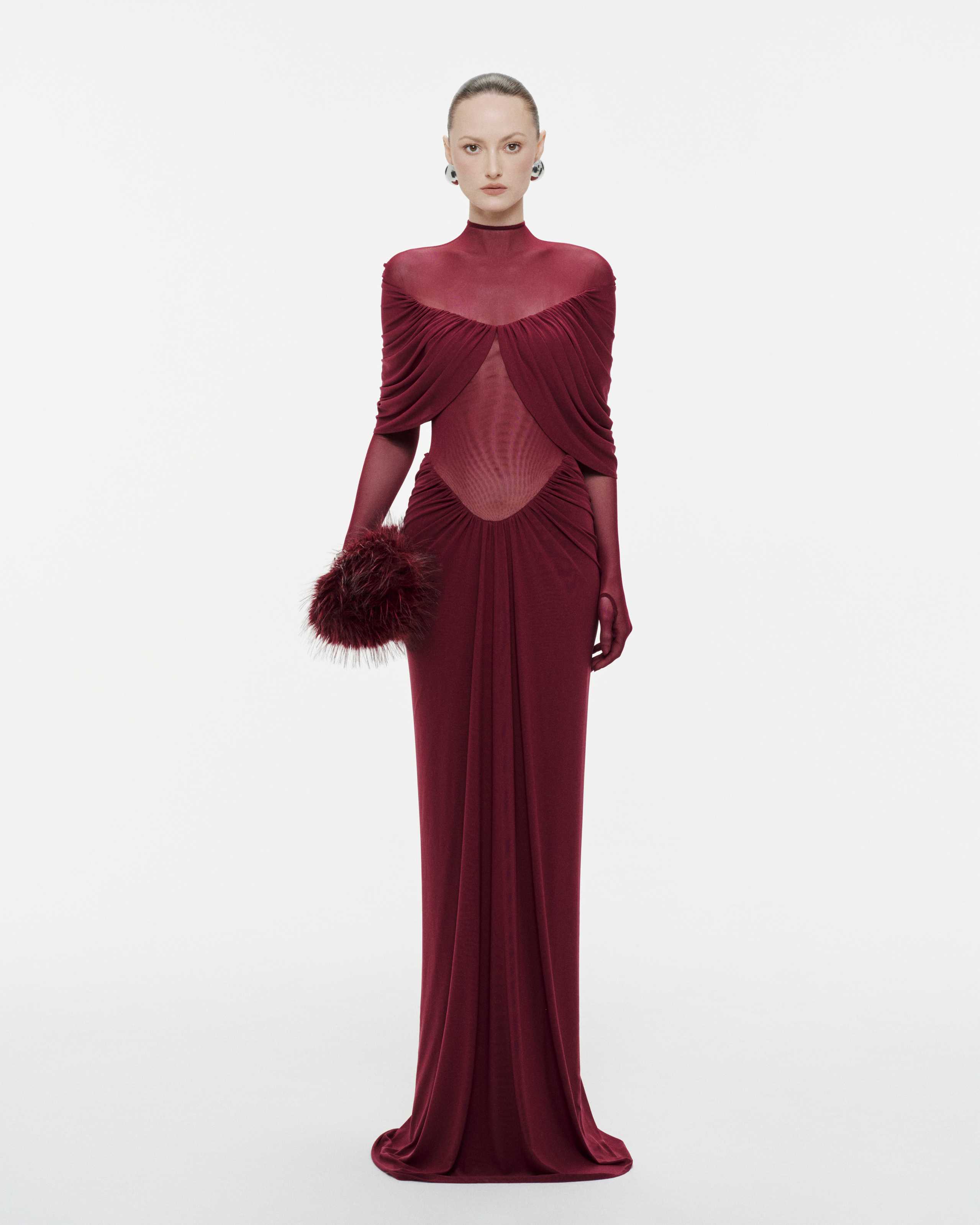 Draped Pleated Cape Dress Burgundy Red / M Draped Pleated Cape Dress Burgundy Red / M