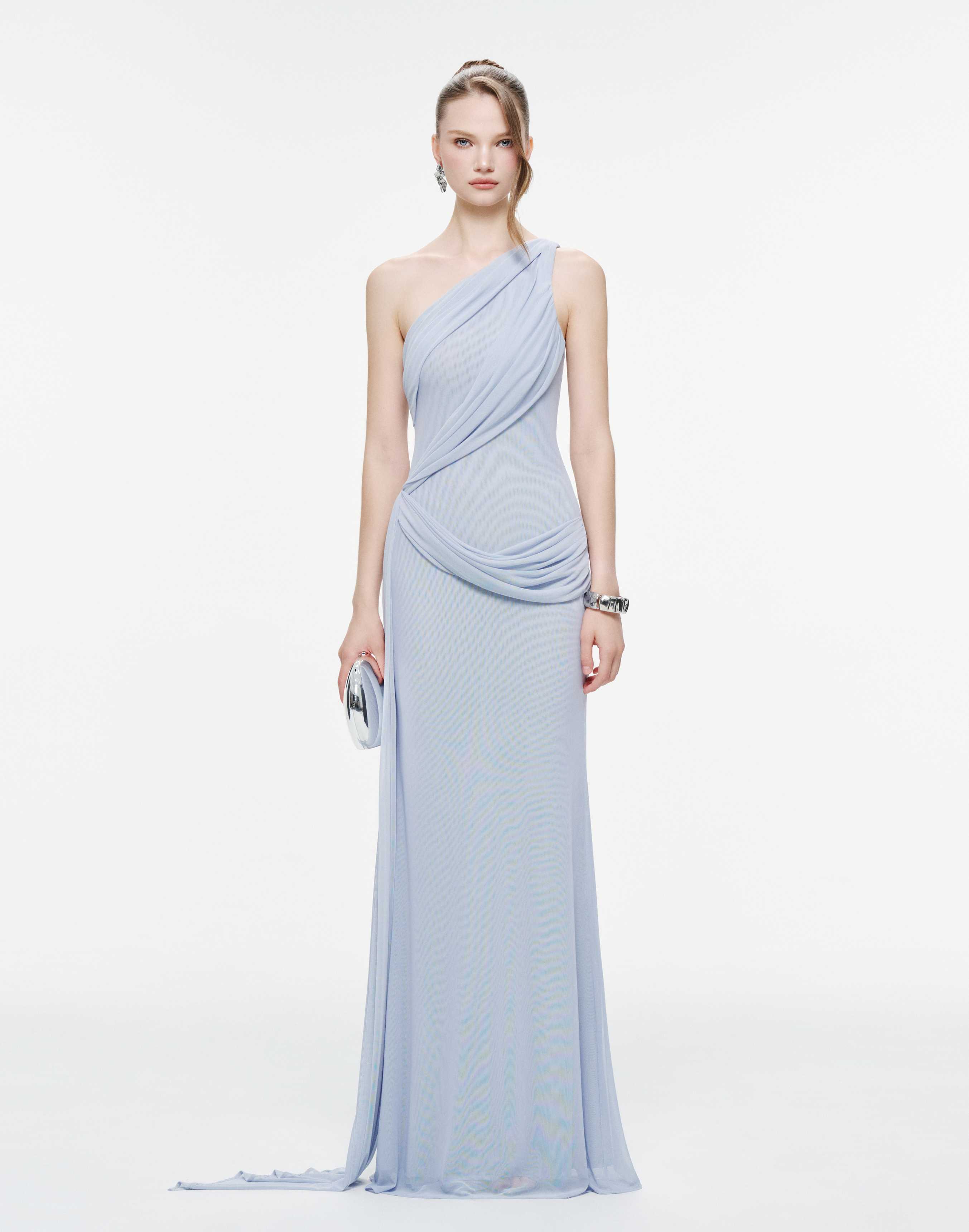 One-Shoulder Draped Mesh Dress
