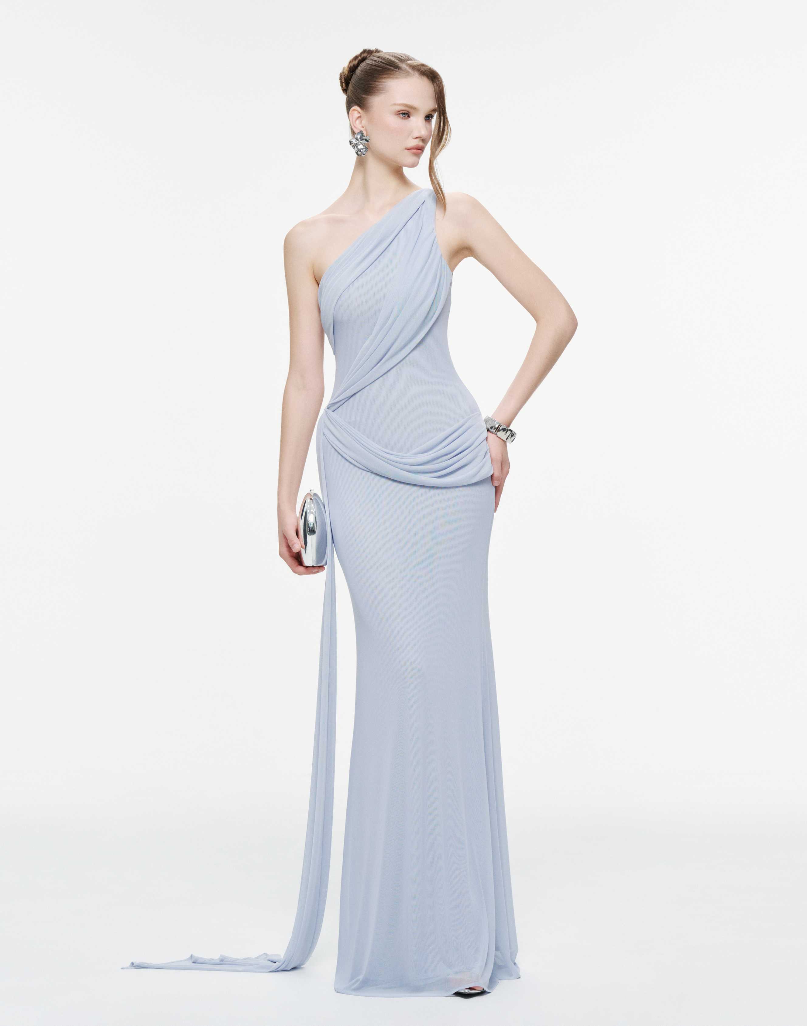 One-Shoulder Draped Mesh Dress