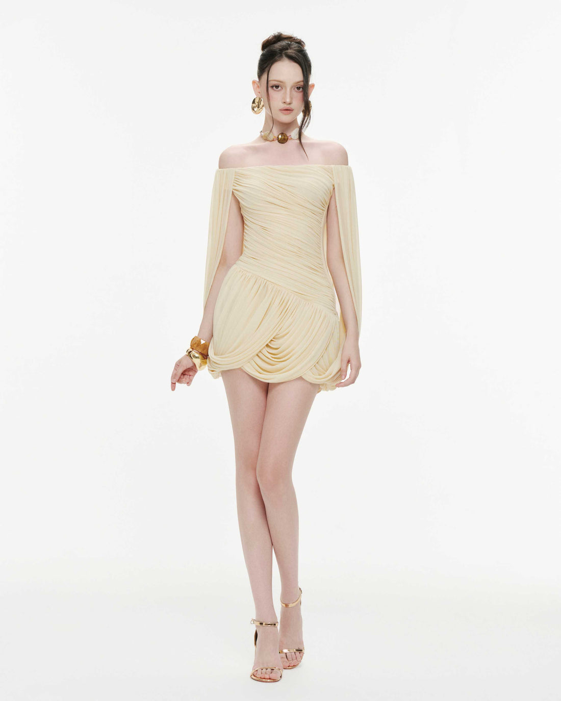 Off-Shoulder Ruched Short Cape Dress