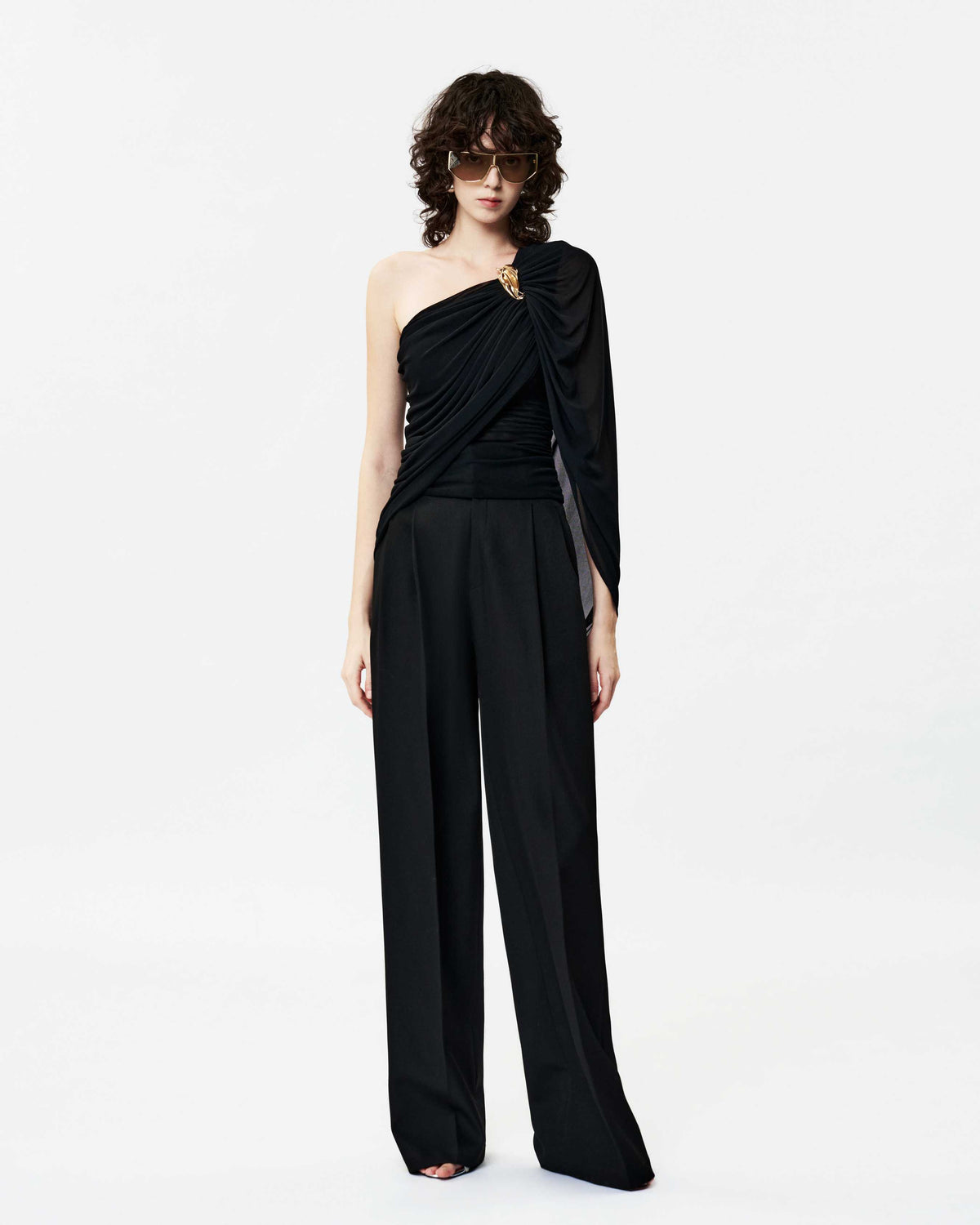 One-Shoulder Mesh Top with Floral Button