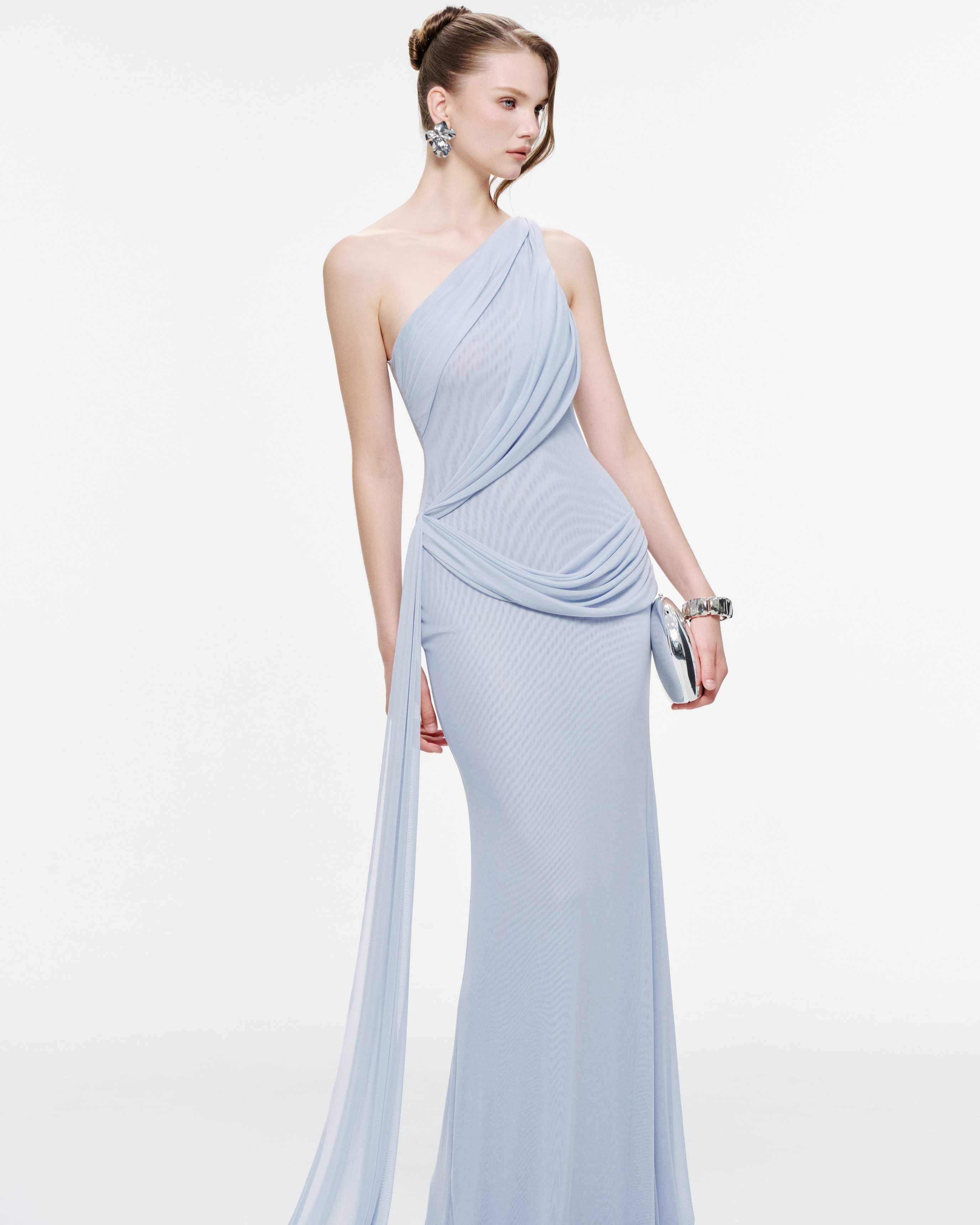 One-Shoulder Draped Mesh Dress