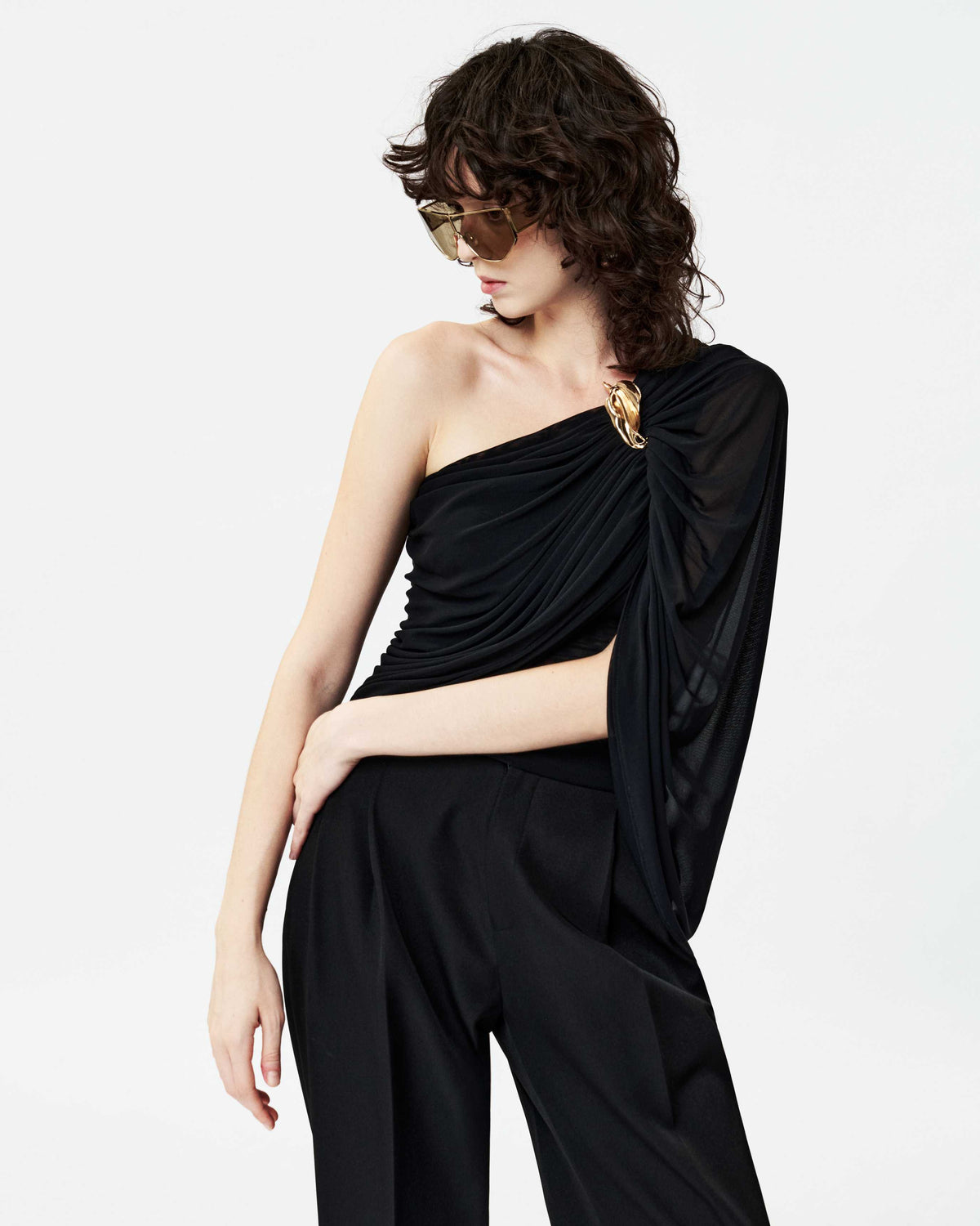 One-Shoulder Mesh Top with Floral Button