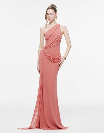 One-Shoulder Draped Mesh Dress